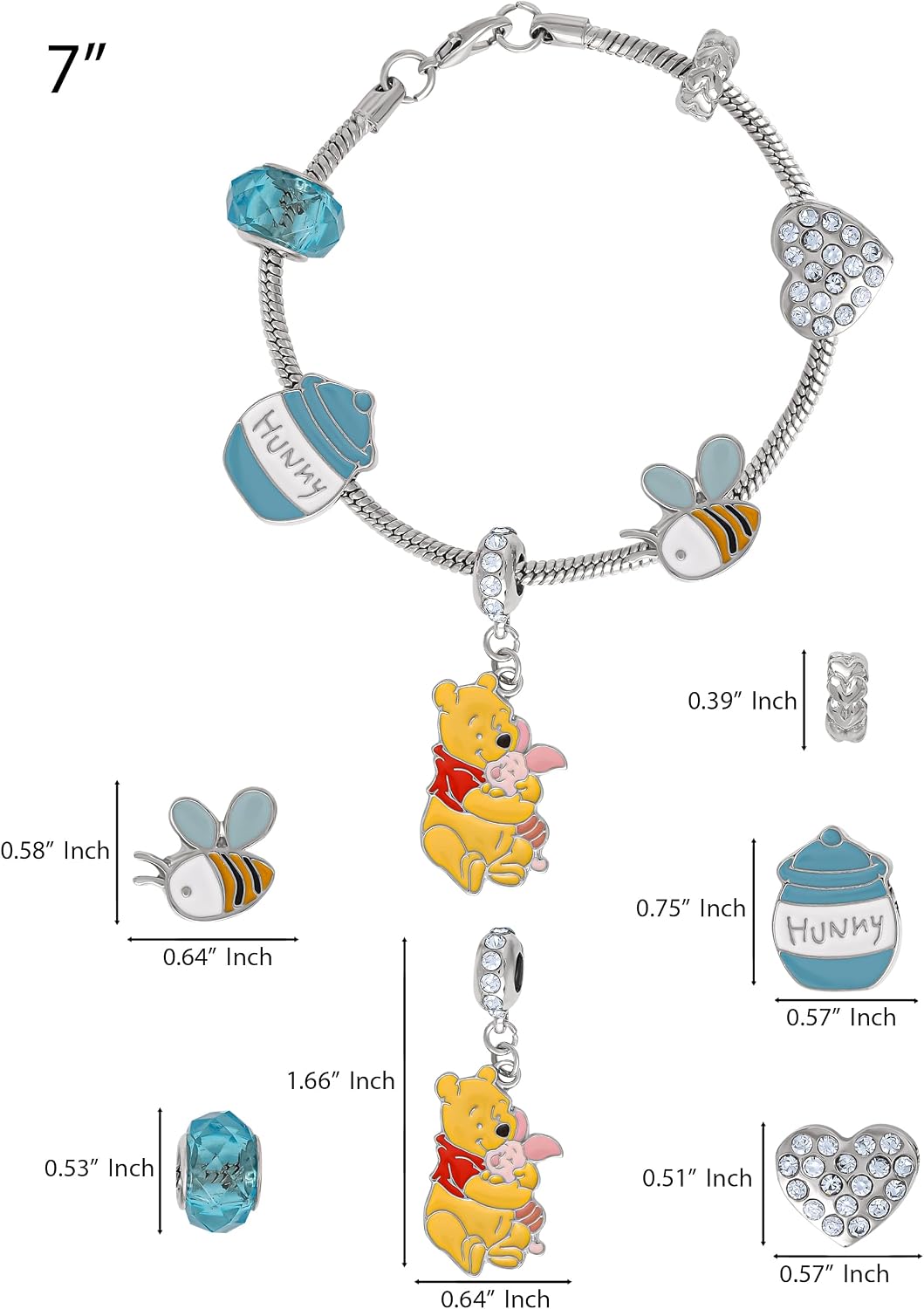 SALLY ROSE Winnie the Pooh Charm Bracelet 7" Official License, Fashion Bracelet with 6 Charms with Piglet and White Crystal Heart Charm