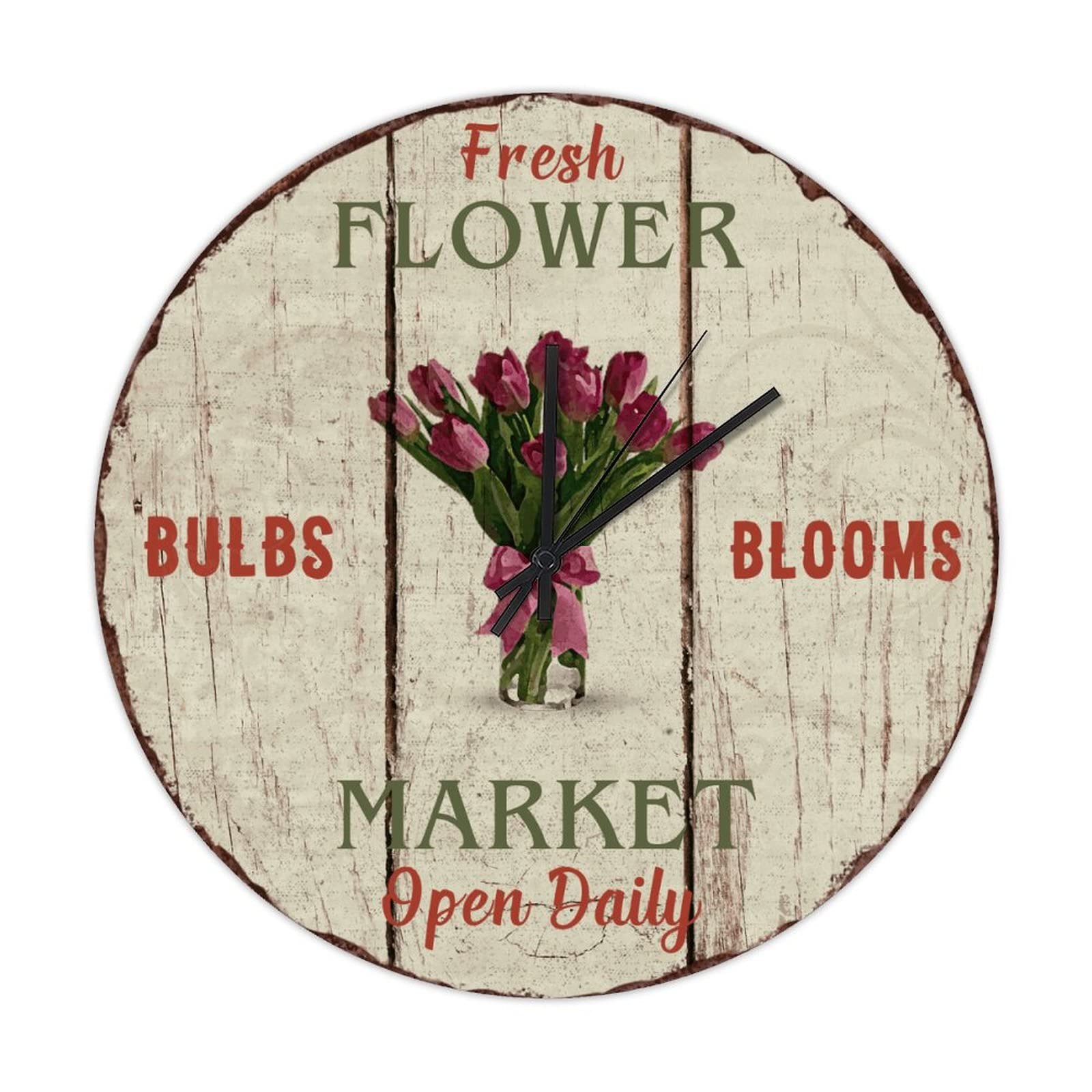Horloge murale ronde en bois tulipe vintage 38 cm pour cuisine