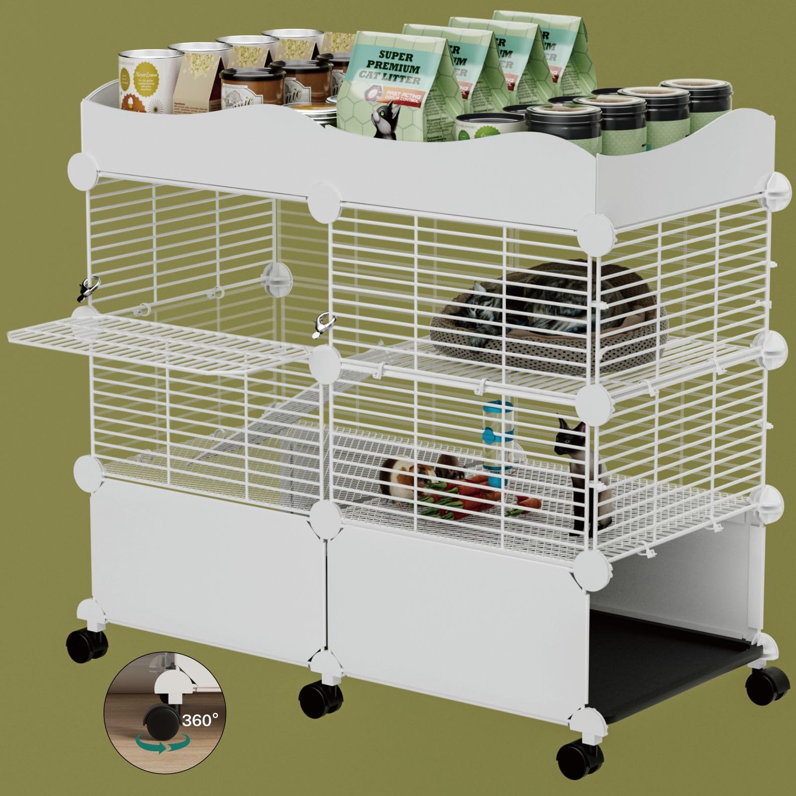 STILLCOVE Meerschweinchenkäfige mit 2 Etagen für den Innenbereich, mit Deckel und herausnehmbarem Tablett | Mit Plattform und Rampe, Universalrädern, C&C Kleintierkäfig für Frettchen, Hamster, Chinchilla, Igel, Maus, Haustier, Ratte