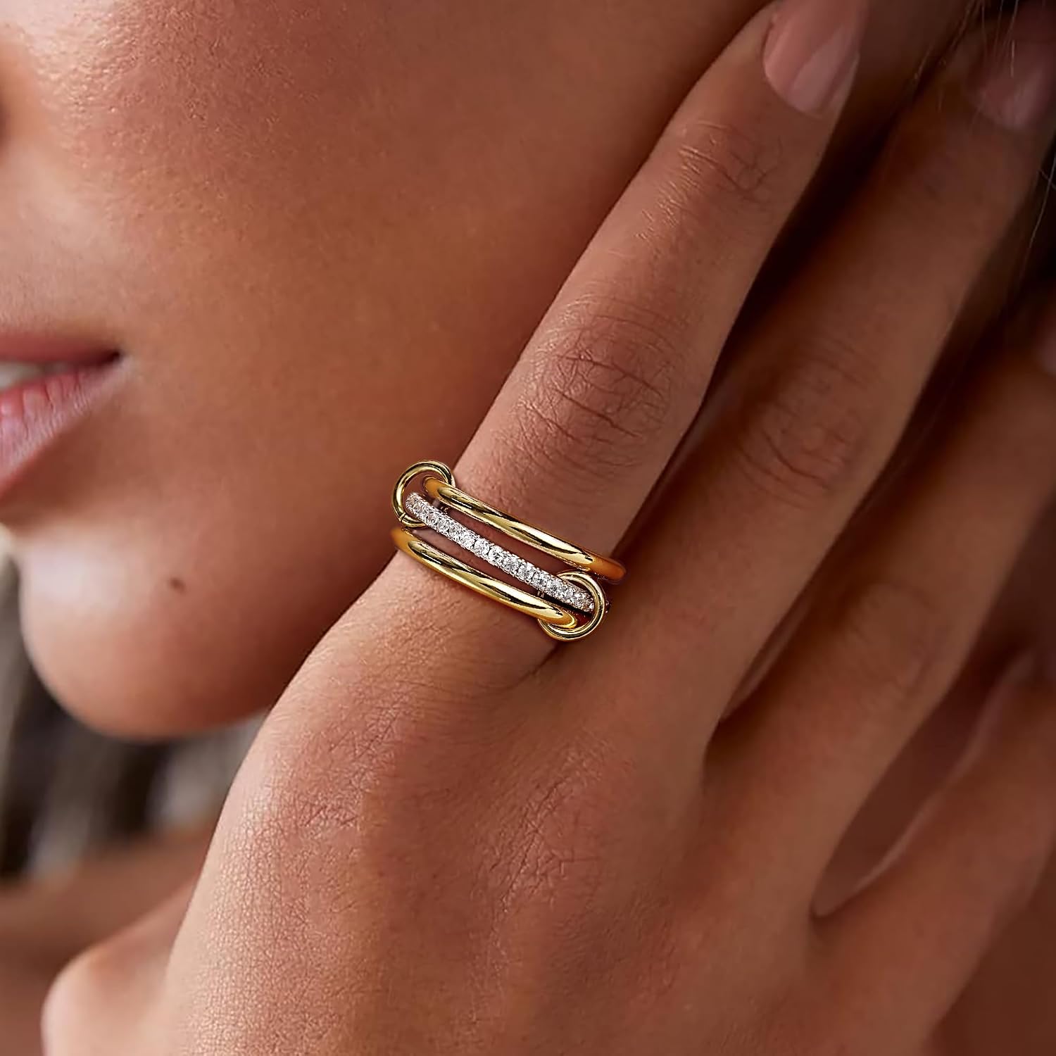 14K Gold Plated Stackable Rings,3 CZ Cubic Zirconia Ring Set,Silver & Gold Stacking Rings, Multi-Link Connected,Statement Interlocking Band for Women, Hypoallergenic, Non Tarnish wedding ring