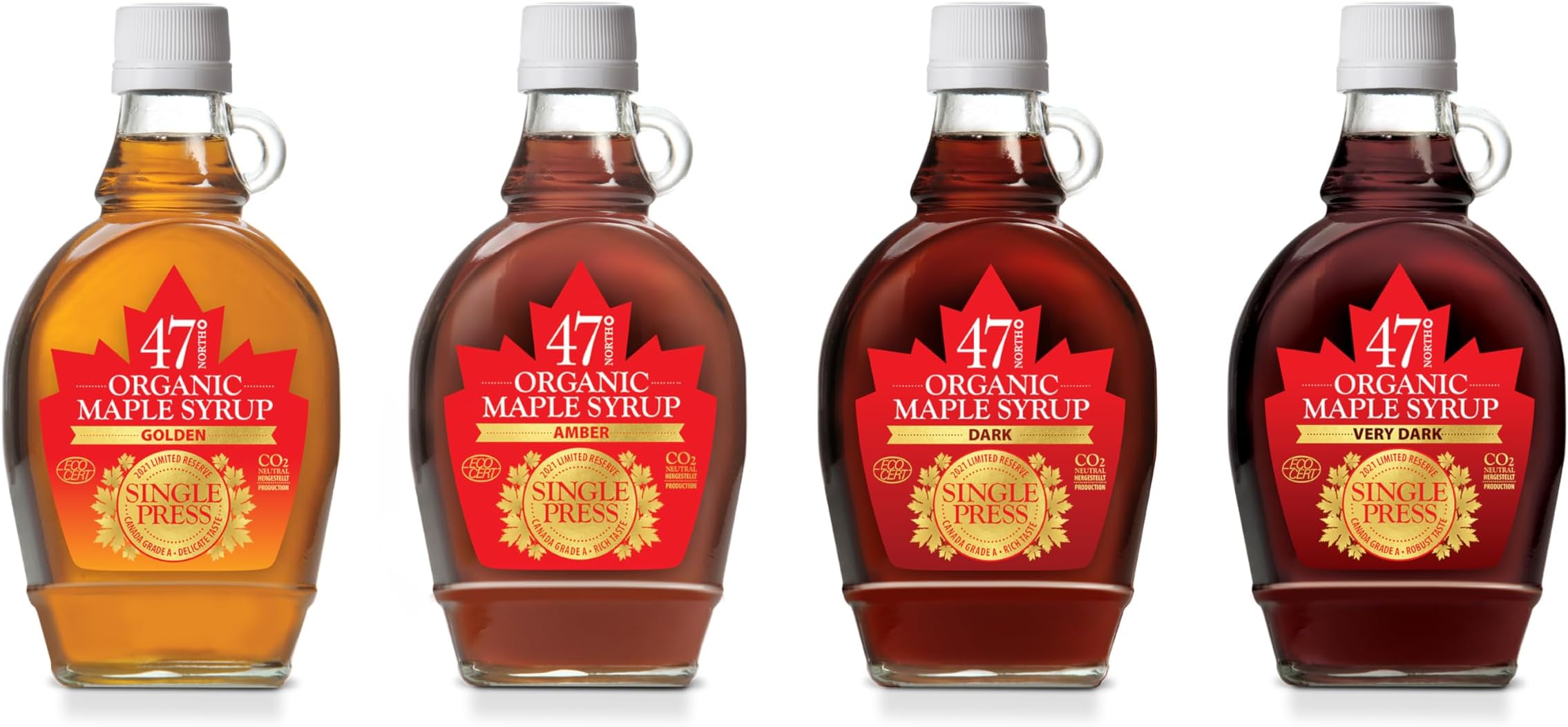 – 47° North Quadriga 4x Single Press Organic Grade A Maple Syrup, Golden, Amber, Dark & Very Dark 4x250g To enjoy the full range of all true maple syrup flavours in its most original form