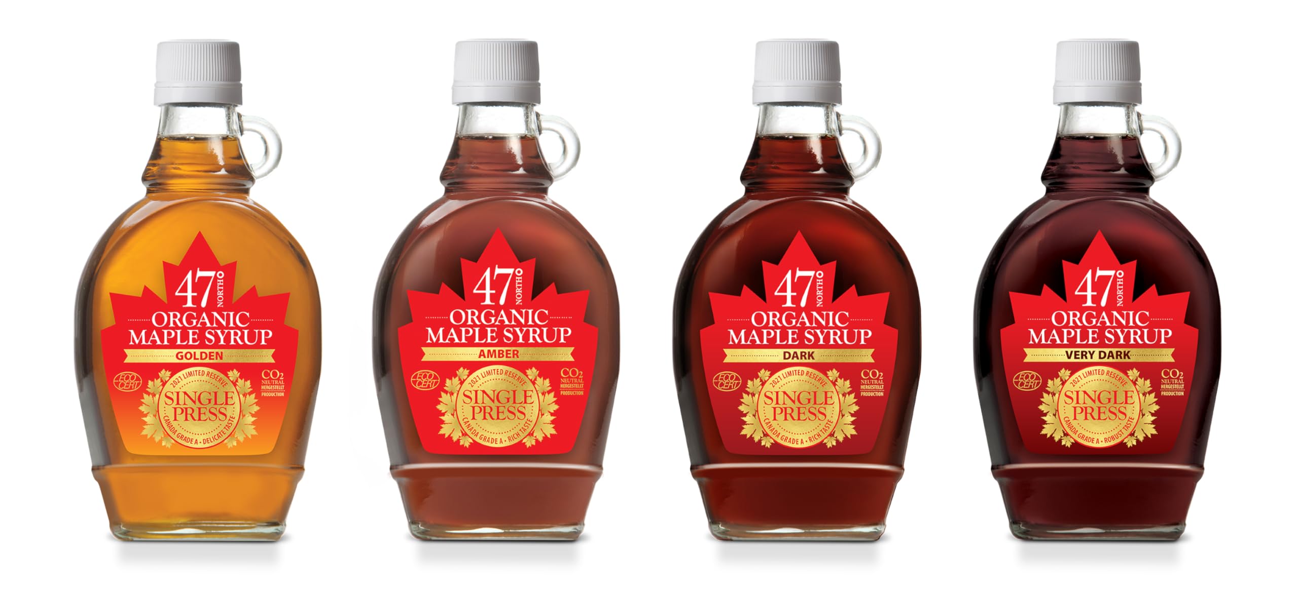 47° North Quadriga 4x Single Press Organic Grade A Maple Syrup, Golden, Amber, Dark & Very Dark 4x250g To enjoy the full range of all true maple syrup flavours in its most original form