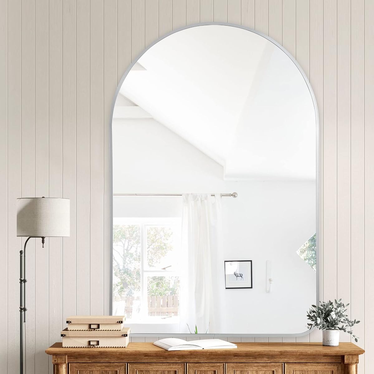 NeuType 36"x24" Arched Wall Mirror, Small Full Length Mirror Hanging or Leaning Against Wall, Dressing Mirror Make-up Mirror for Living Room, Bedroom, Bathroom, Aluminum Alloy Thin Frame, Silver