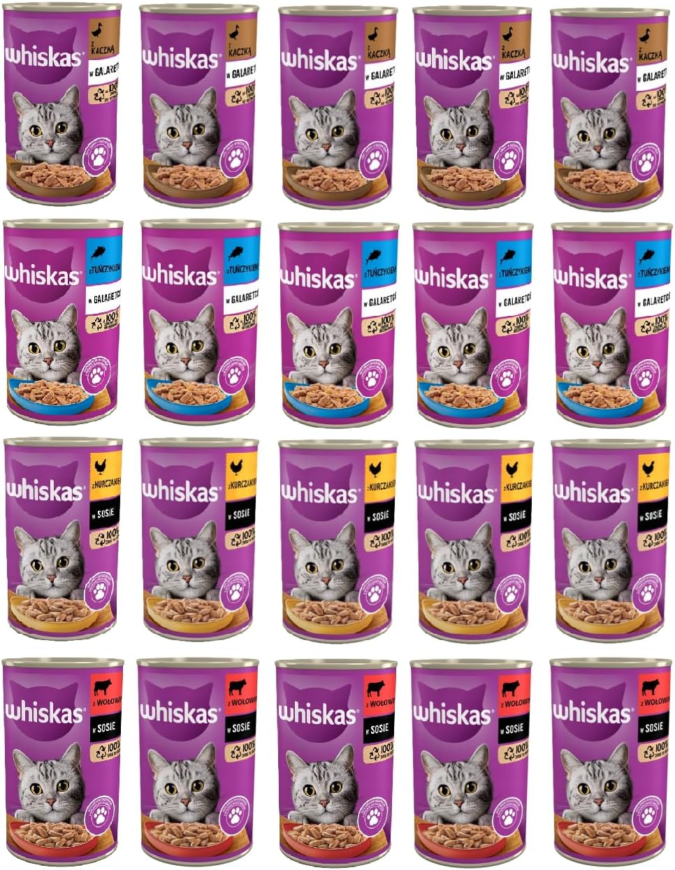 Whiskas mokra karma dla kotów w puszce mix smaków kaczka, tuńczyk, kurczak i wołowina zestaw 20x 400g