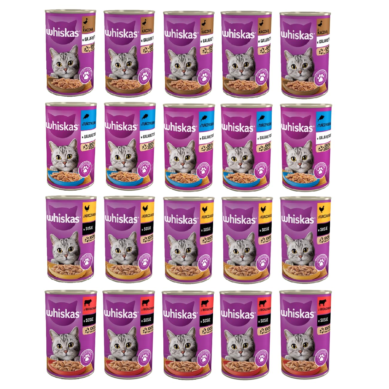 Whiskas mokra karma dla kotów w puszce mix smaków kaczka, tuńczyk, kurczak i wołowina zestaw 20x 400g