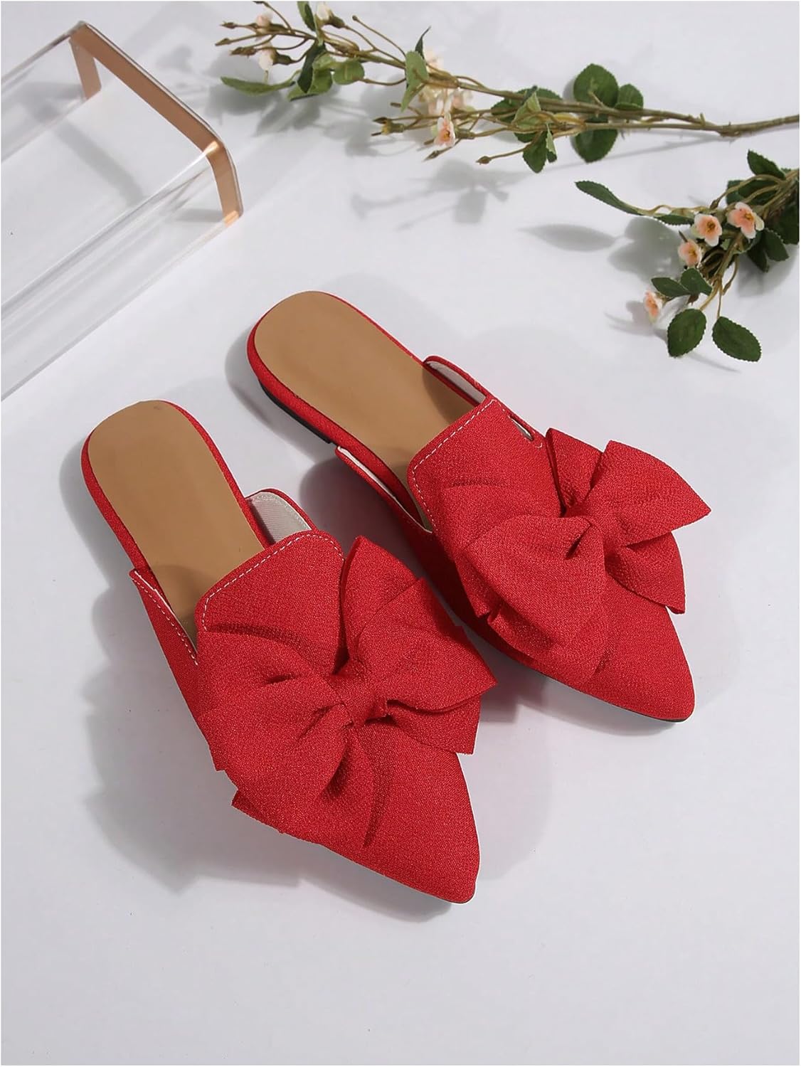 Women's Bow Mules Dressy Pointed Toe Flat Shoes Backless Loafers Slide Sandals Casual Slides Work Shoes - Image 5