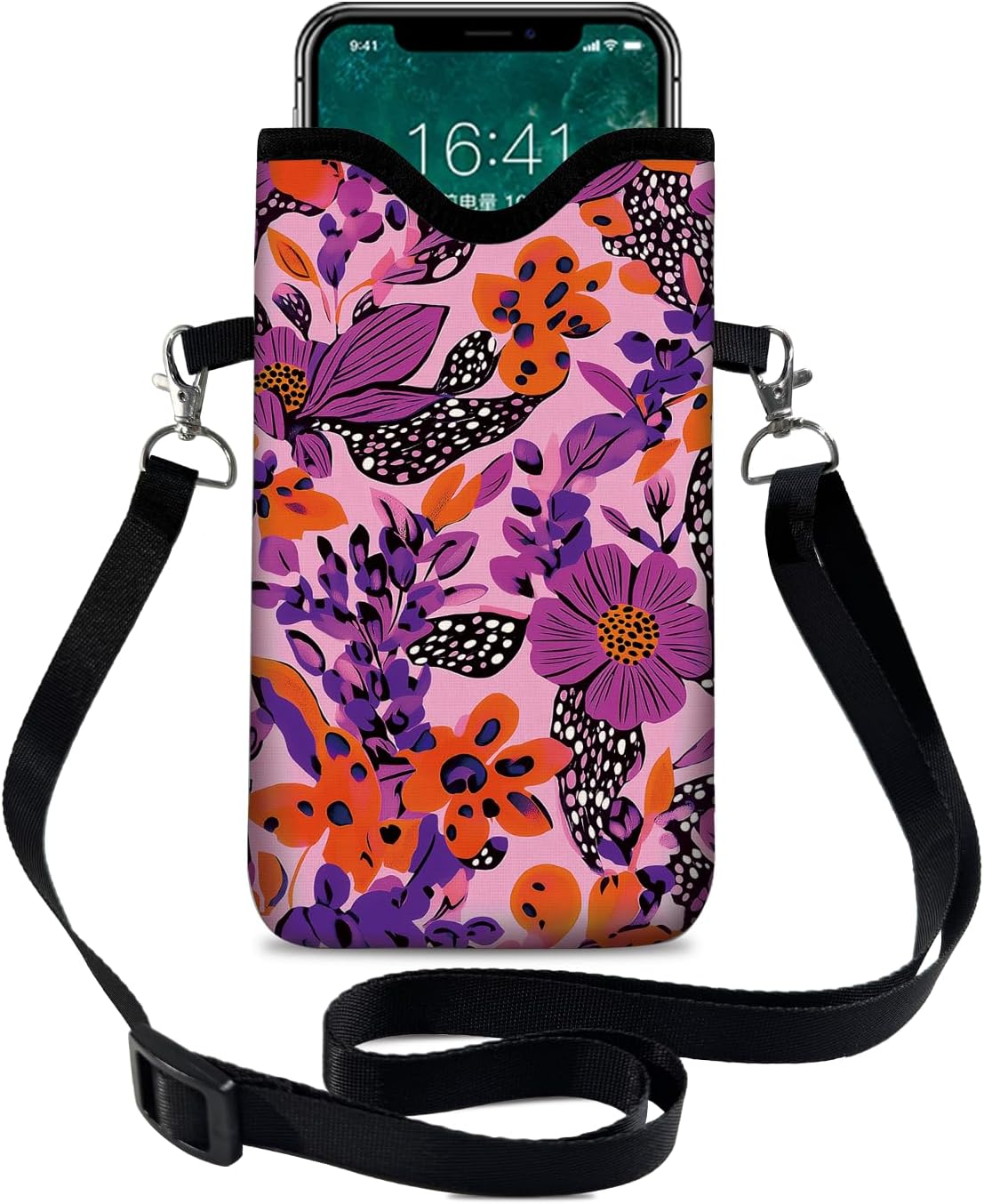 otilil Neoprene Cell Phone Sleeve Pouch Case Bag with Crossbody Strap Neck Lanyard for Women 7.1 X 3.9 in Pink Flower