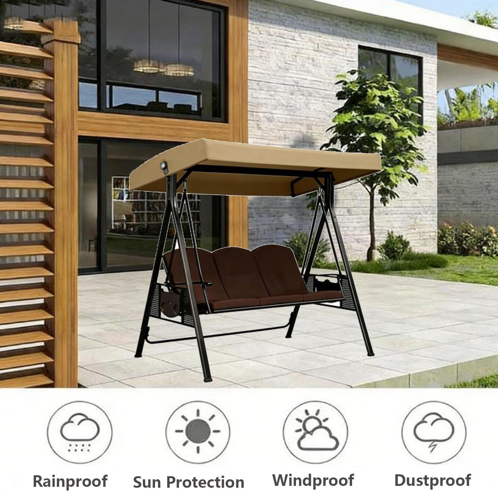 Ersatzdach für Hollywoodschaukel 2/3 Sitzer, Ersatzbezug für Terrassenschaukelkissen, Wasserdicht und UV-beständig, für Gartenschaukel, Hof, Balkon(Dark Khaki,78 x 46in/198 x118cm)