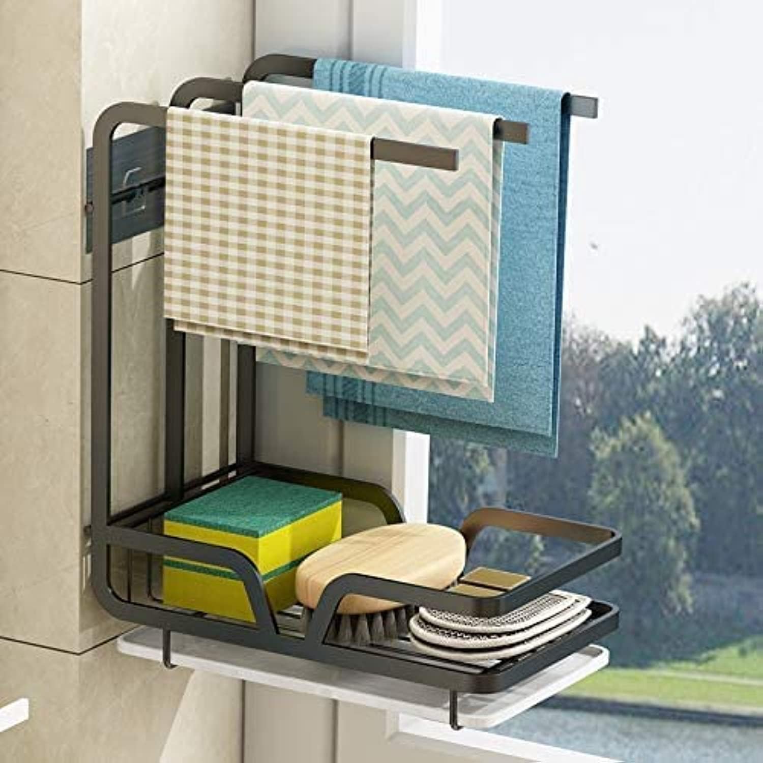 AUTOYSUR Sink Caddy Sponge Holder with Drain Pan Kitchen Sink Organizer Wall Mount or Countertop Use Big Sponge Caddy for Brush Dish Wands Rags Soap Scrubbers (Black)