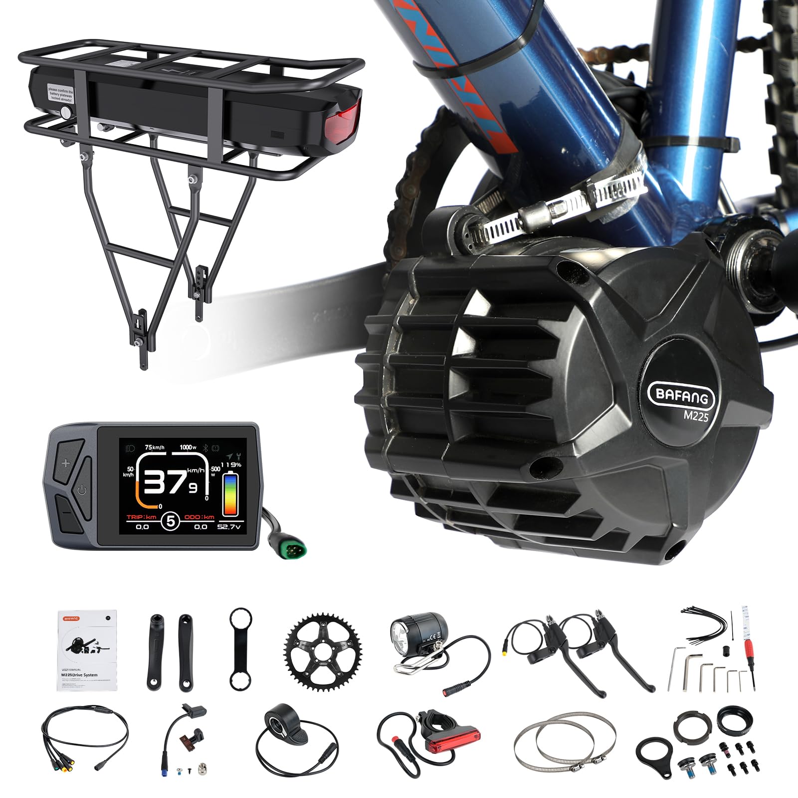 BAFANG750W 1000W 500W Mid Drive Kit M625 M325 48V 52V Ebike Conversion Kit with 46T Chainwheel Electric Bike Conversion Kit for 68-73MM Mountain Bike Road Bike with VD03 Display Optional & Battery