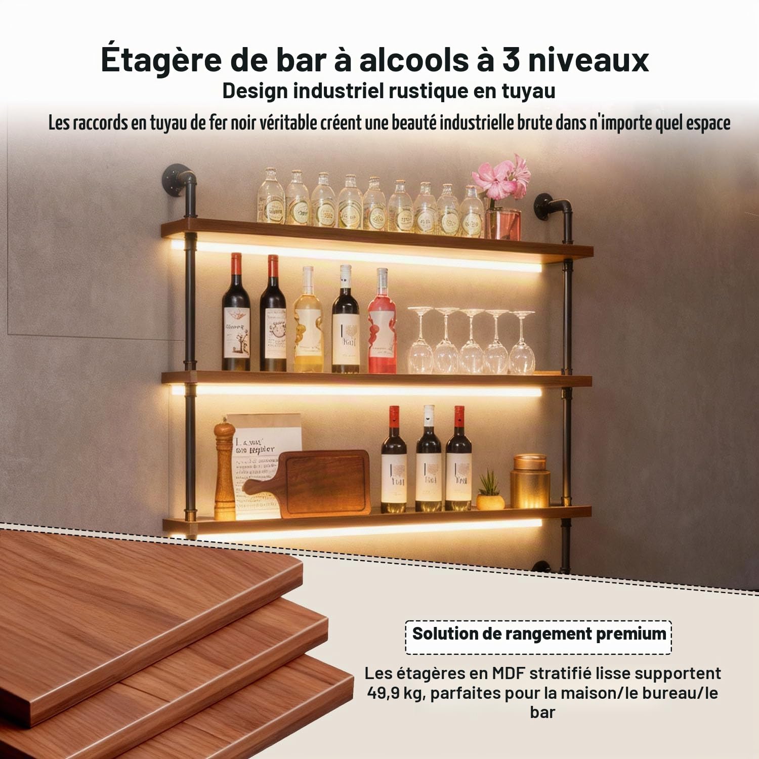120 cm Porte-bouteilles De Vin Mural LED à 3 Niveaux, Étagère Murale Bar Style Industriel en Bois et Métal avec Éclairage LED, Casier a Vin Mural Porte Bouteille pour Cuisine, Salon, Bar & Restaurant