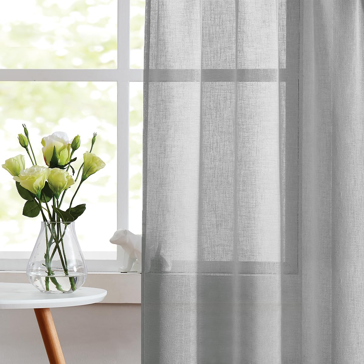Bujasso Grey Semi Transparent Elegant Sheer Curtains for Windows Home Decoration And Privacy Protected Linen Textured Drapes Window Treatment Sets Rod Pocket 2 Panels 55" Wx72 L,Gray - Image 3