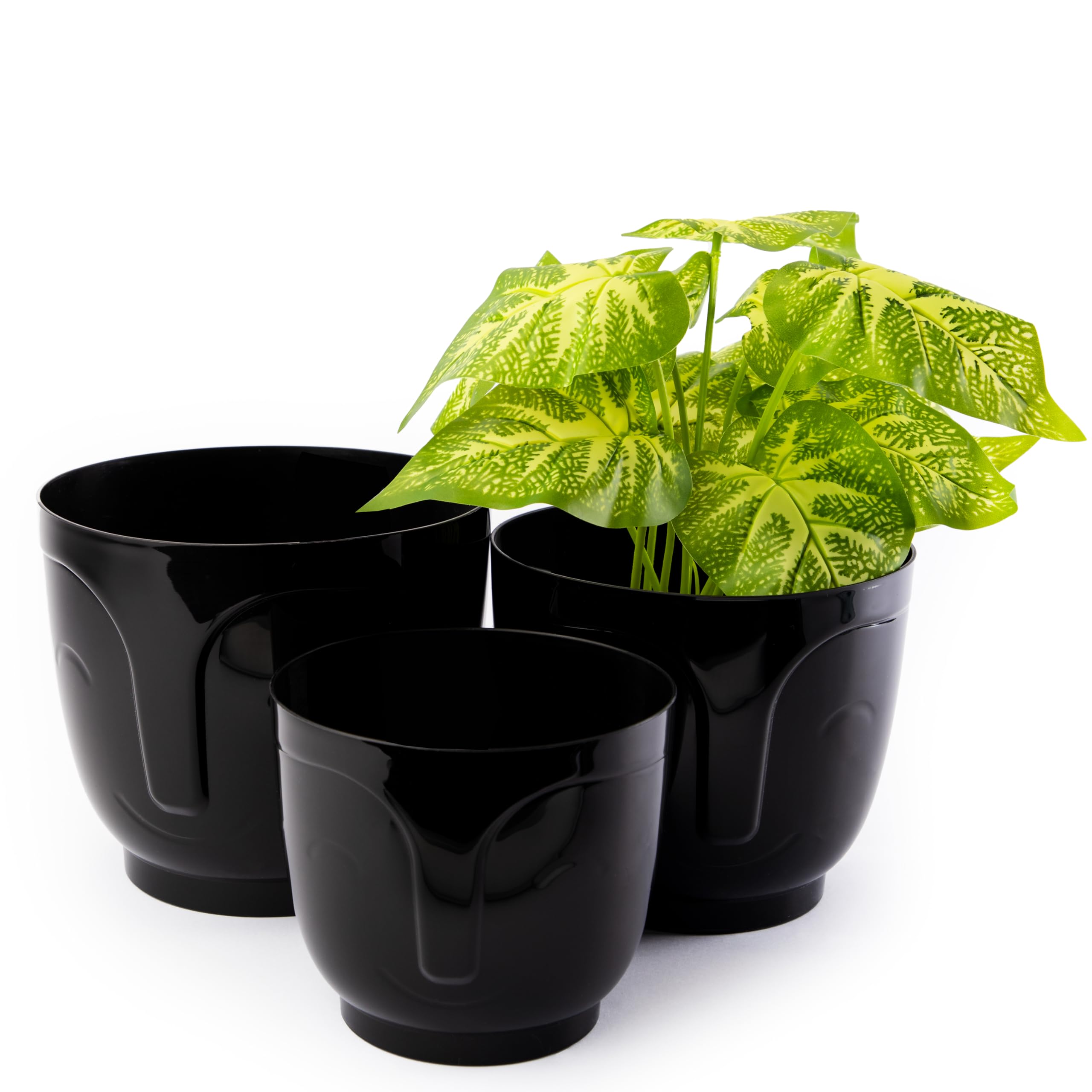 Home Garden Ornaments Plant Pots Indoor - Set of 3 Plastic Decorative Pots 14/16/18 cm, Smiling Face Pattern (Black)