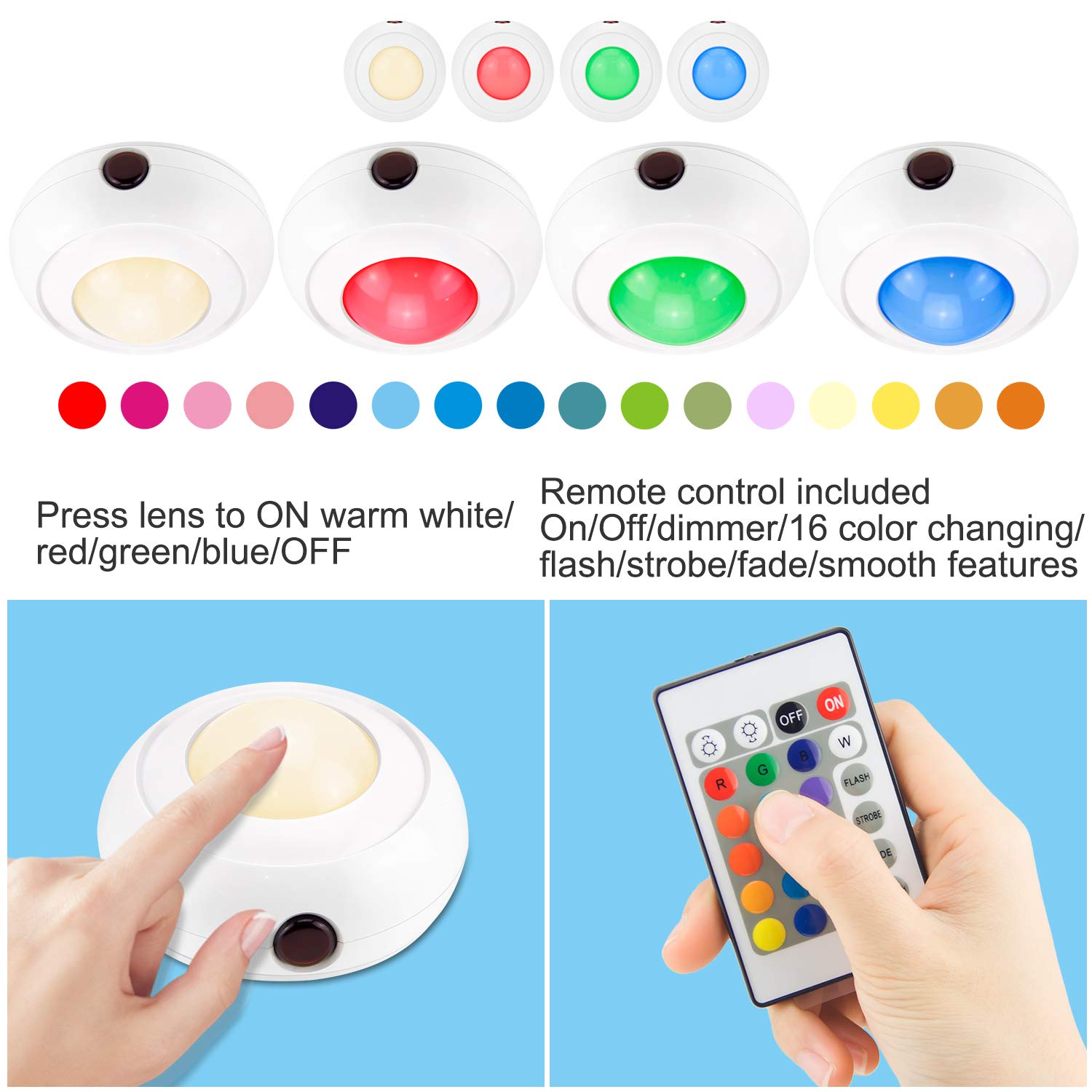 BIGMONAT Push Lights Battery Operated, RGB Voice Level Lights, Wireless Tap Light, LED Puck with Remote, Color Changing Stick on for Classroom Closet Vase Pantry