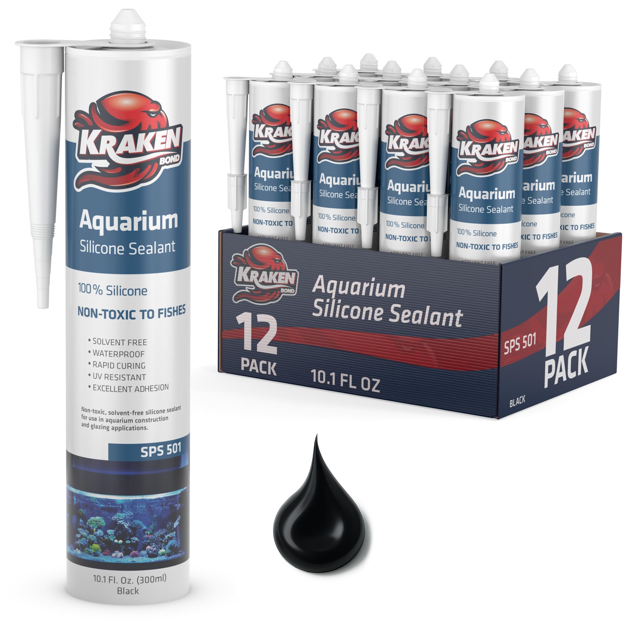 Kraken Bond Black Aquarium Silicone Sealant - (12x10.1 fl. oz.) 100% Waterproof Aquarium Safe Silicone, Non-Toxic Fish Tank Safe Sealant, Fast Curing and Strong Adhesion, 12 Pack