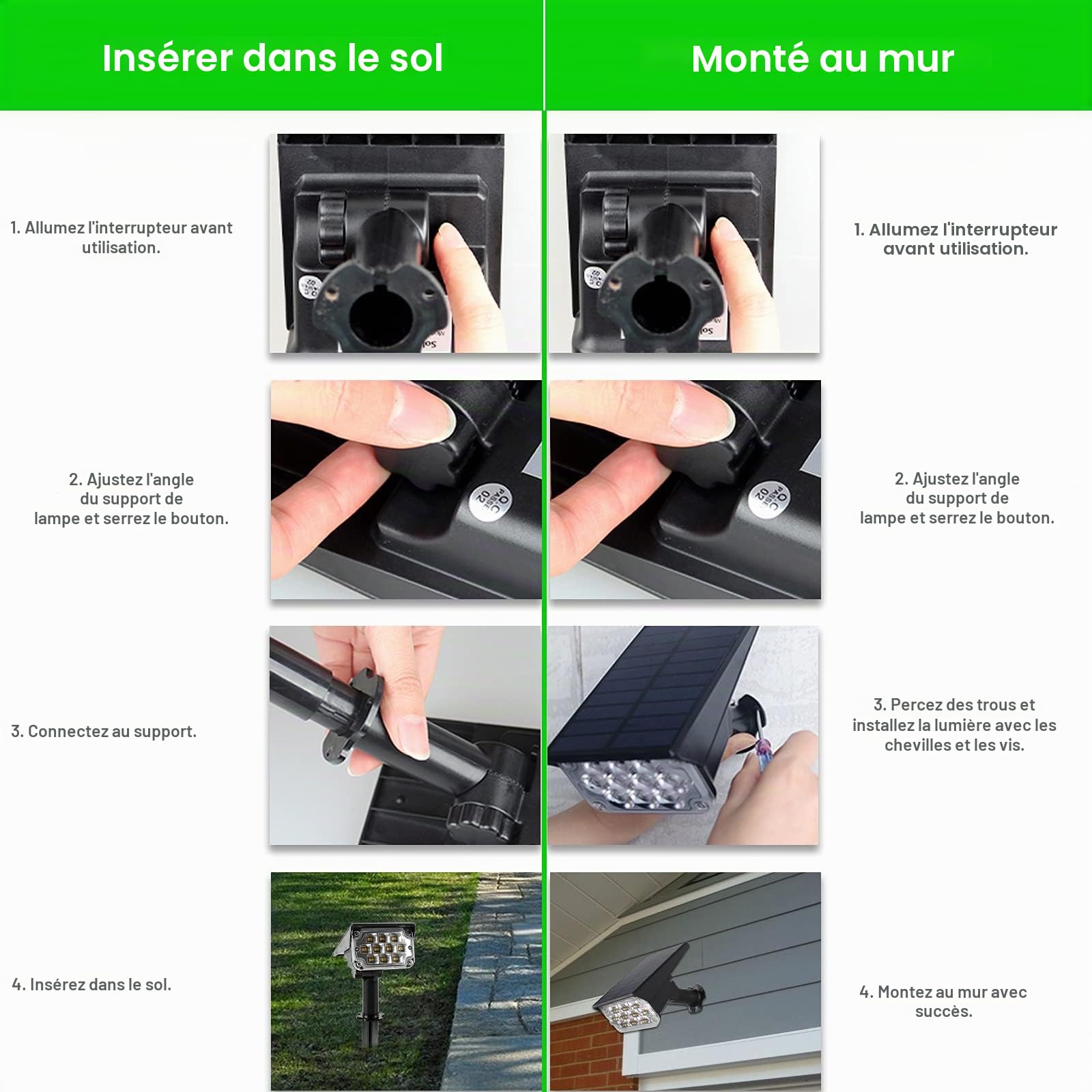 T-SUN 4 Packs Spot Solaire Exterieur Vert Lumiere Solaire Jardin, Lampe Solair Étanche avec 2 Modes, sans Fil Éclairage Solaire Exterieur, Projecteur Solaire Réglable pour Chemins, Jardin