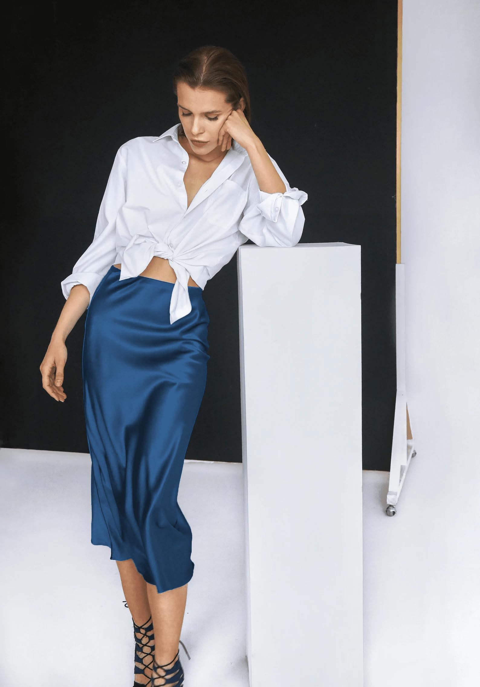 Zeagoo Gonne da donna in raso casual in seta gonna midi a vita alta gonne lunghe con cerniera elegante gonne da lavoro