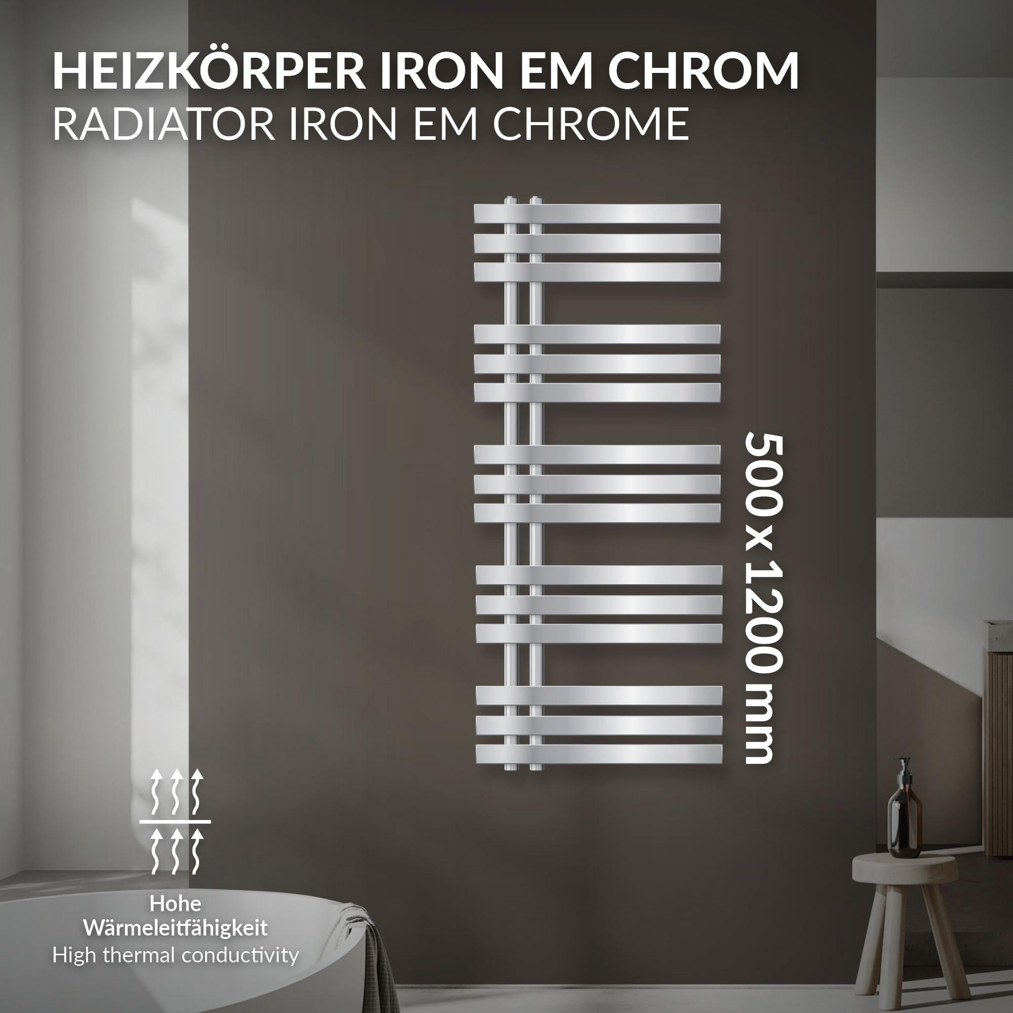 ECD Germany Radiatore da Bagno a Pannello Iron EM Design Scaldasalviette - 500x1200 mm - Cromato - Radiatore Scaldasalviette Asciugabiancheria 500x1200 mm