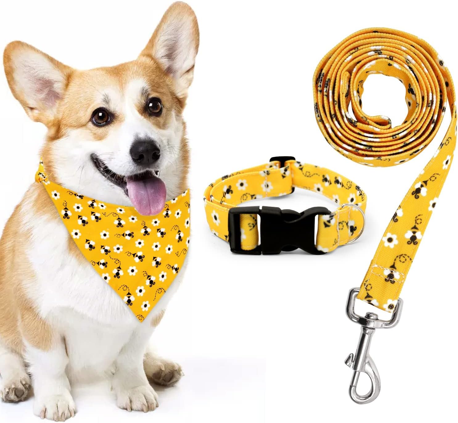 Bee Dog Collar Bandana Leash Set, Bumble Bee Adjustable Collar for Medium Puppy Outdoor Training Walking Buzzing Bee Pet Dog Gifts, Set of 3