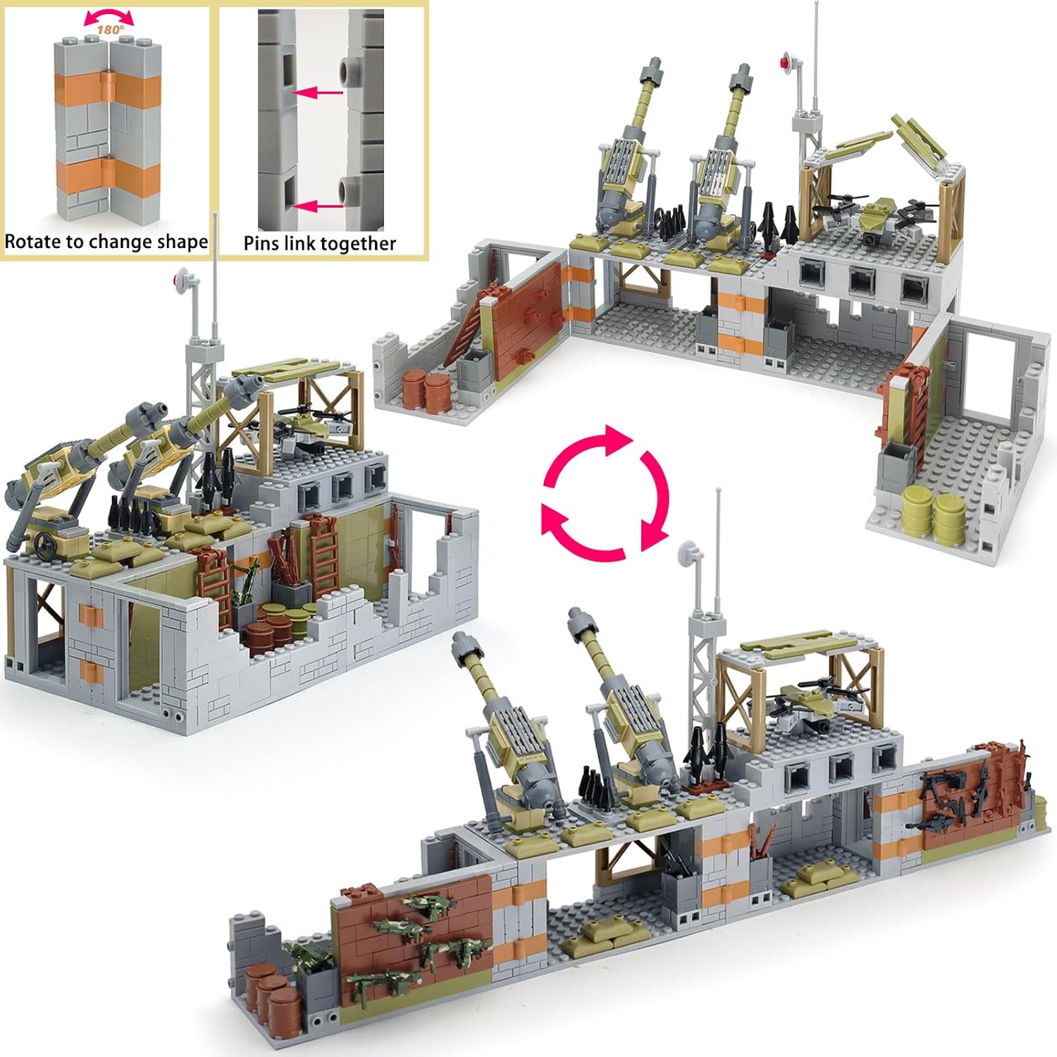 Military Base Building Toy Set Assemble to Different War Scenes, Gun Weapon Pack Accessories Kits for Army Minifigure Battle Building Game Gift for Kids 9-12 Years (710pcs)