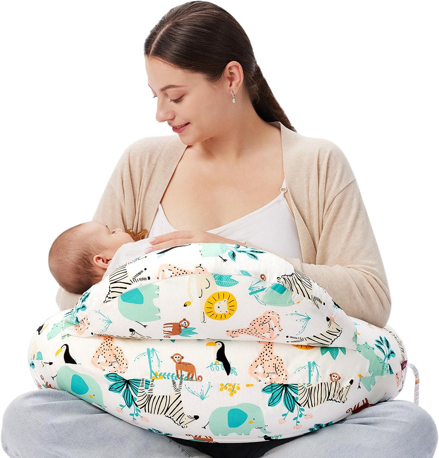Nursing Pillow With Breastfeeding - Ergonomic Support & Original Security Fence to Baby' Safety - Making Breastfeeding Easy and Comfort for Mom & Baby, Colorful Animals