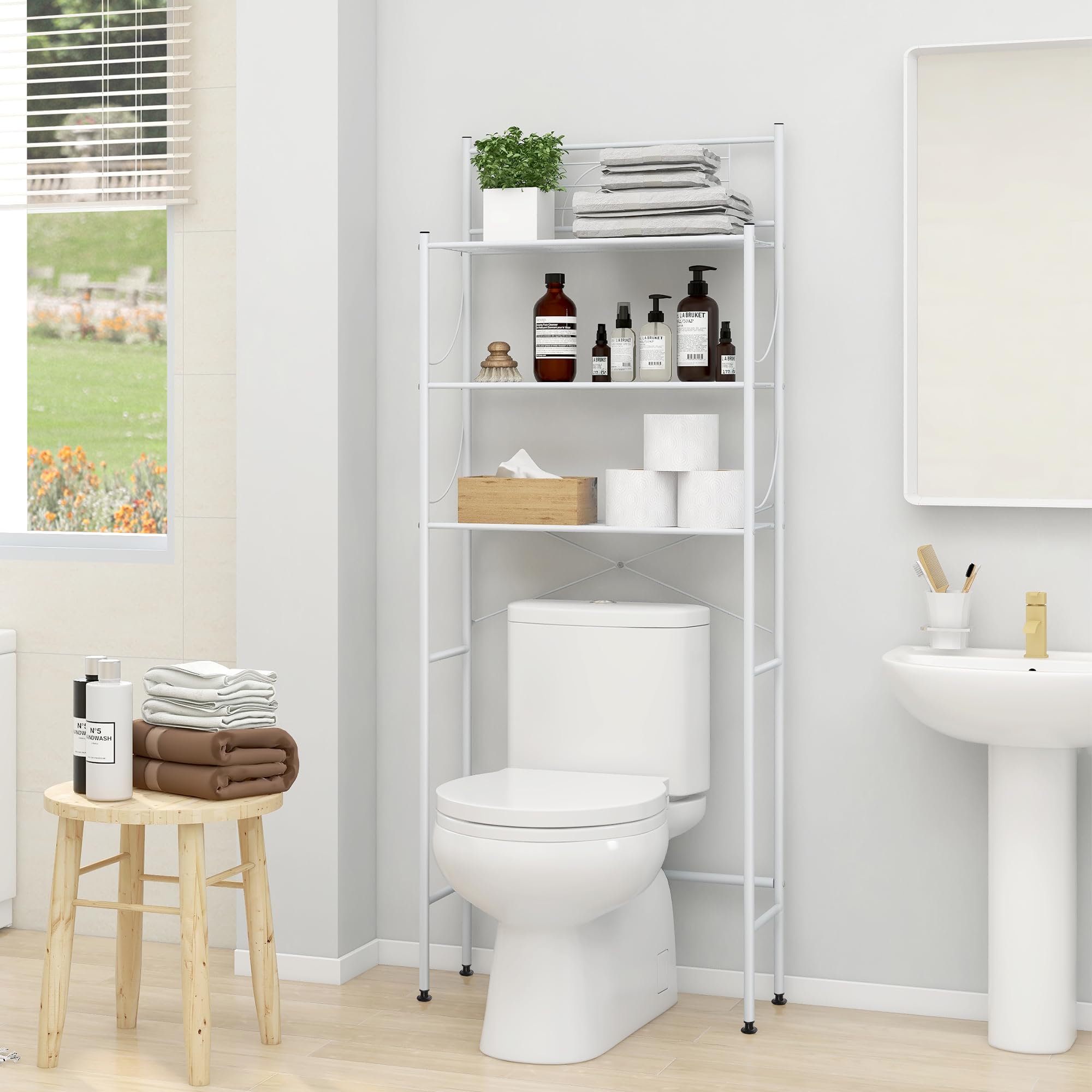 MallBoo Toilet Storage Rack with X-Shaped Bar, 3 -Tier Over-The-Toilet Bathroom Spacesaver - Easy to Assemble,9.45\" D x 25.59\" W x 65.35\" H(White)