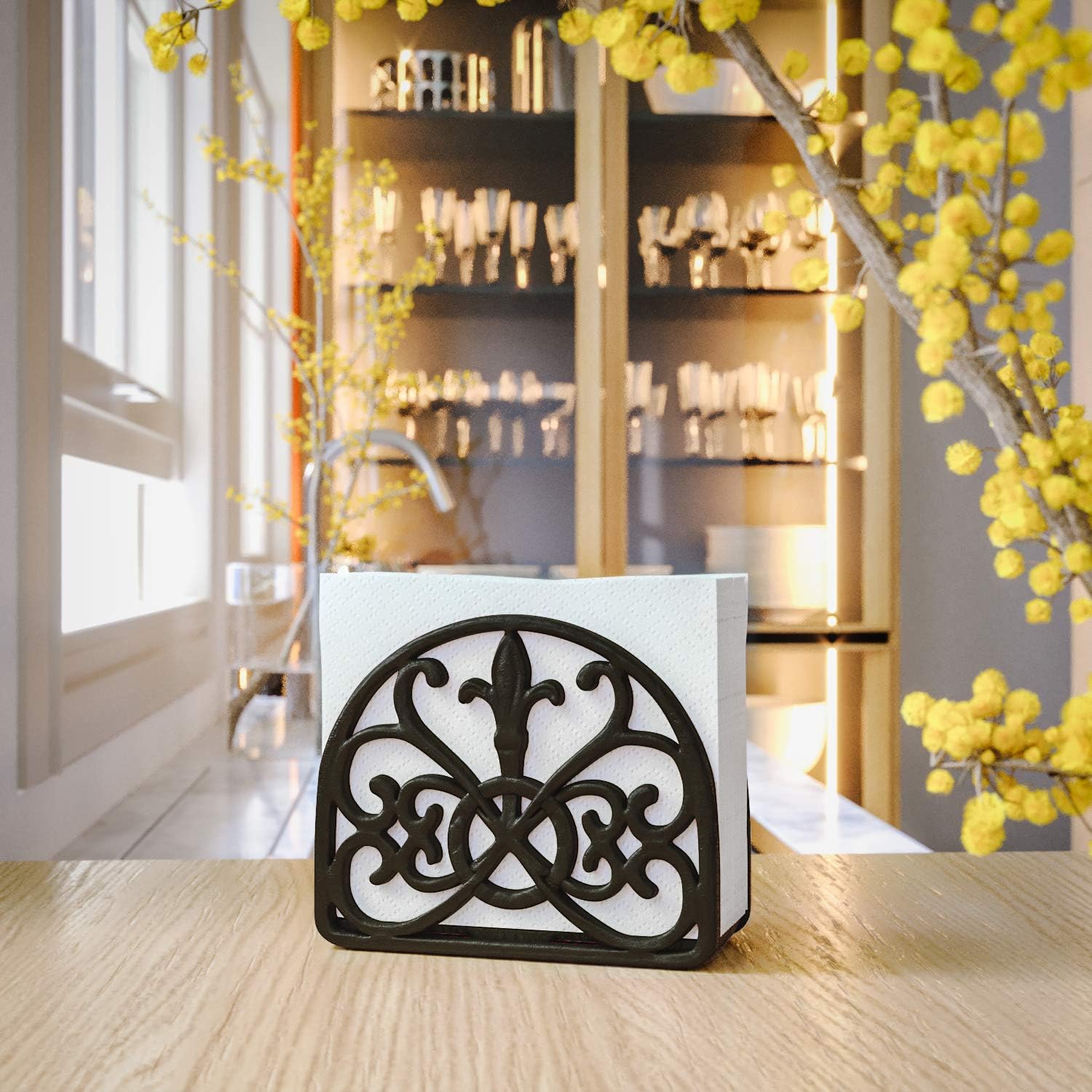 Home Intuition Fleur De Lis Collection Standing Cast Iron Napkin Holder, Weighted Design, Matte Black