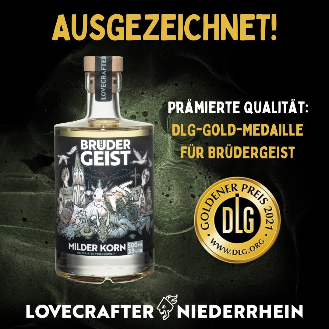 Brüdergeist Milder Korn | Fassgelagerter Weizenkorn | mind. 6 Monate in Limousin-Eiche gelagert | Extra Mild | Ausgezeichnete Premiumspirituose | Flasche=Unikat | Vom Niederrhein | 33% Vol. | 500ml