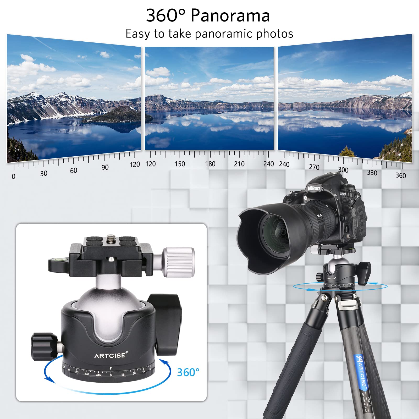 ARTCISE Niedriger Profil-Kugelkopf, 46 mm, 360°-Panorama-Metall-Stativkopf mit Arca-Schnellwechselplatte und 1/4 Zoll auf 3/8 Zoll Konvertierungs-Gewindeadapter für Stativschieber DSLR, maximale