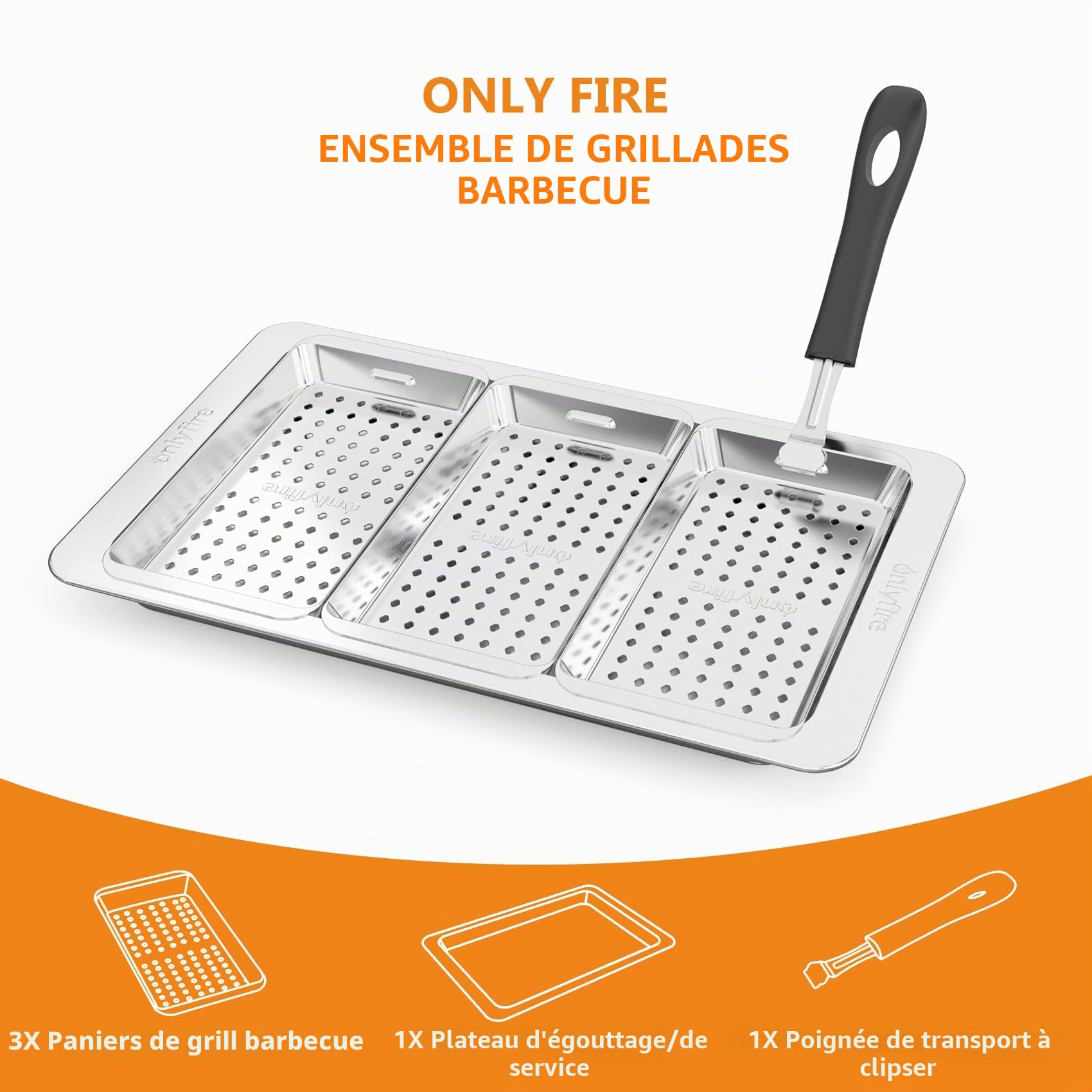 onlyfire Panier Grille pour Barbecue Set, Panier à Barbecue, Panier à Légumes, Comprend 3 Panier à Griller Trous en Acier Inoxydable, Panier Cuisson pour la Cuisson des Poissons, Légumes ou Crevettes