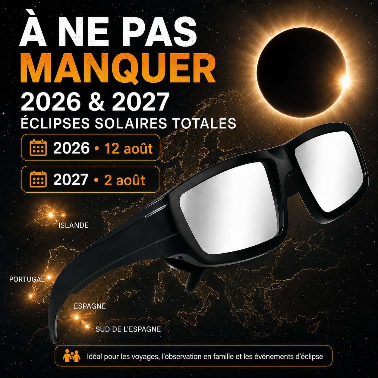 Lot de 3/6 Lunette eclipse solaire,EN ISO 12312-2:2015(E) et CE Certifiees,Approuve AAS 2026,robustes en plastique pour l’observation directe du soleil