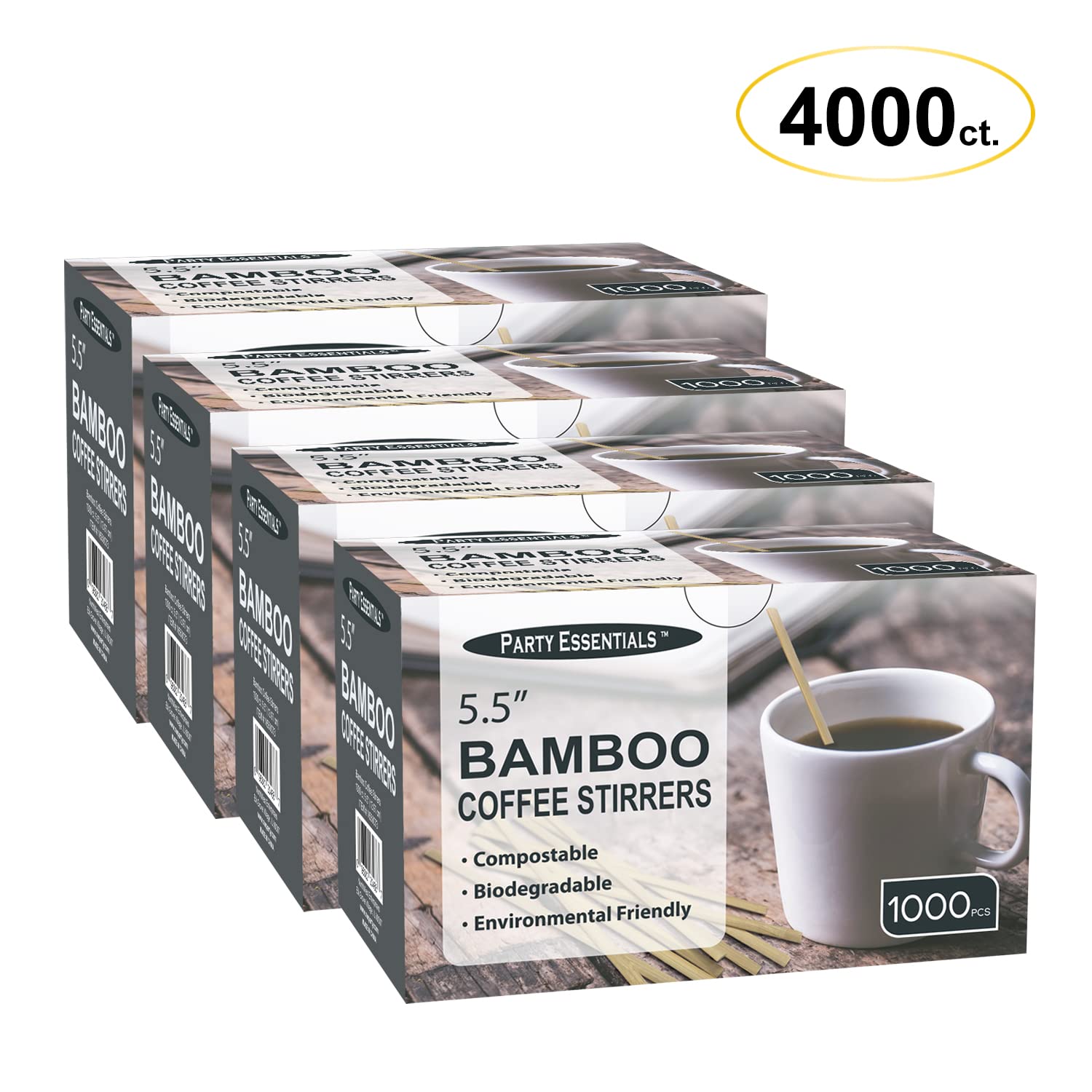 Party Essentials Bamboo Agitadores de café/Varillas para Mezclar Bebidas, Bambú, Natural