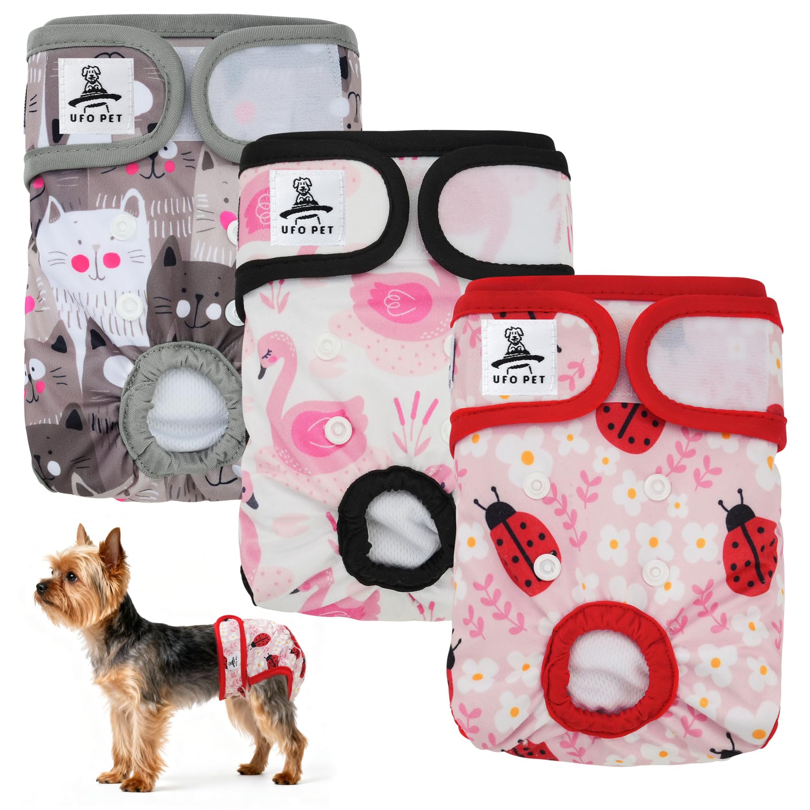 UFO PET Wiederverwendbare Hunde Windeln Weiblich, Läufigkeitshose für Hündinnen XS (3 Stück), Hochsaugfähige Hundewindeln für Hündinnen mit Starkem und Flexiblem Verschluss