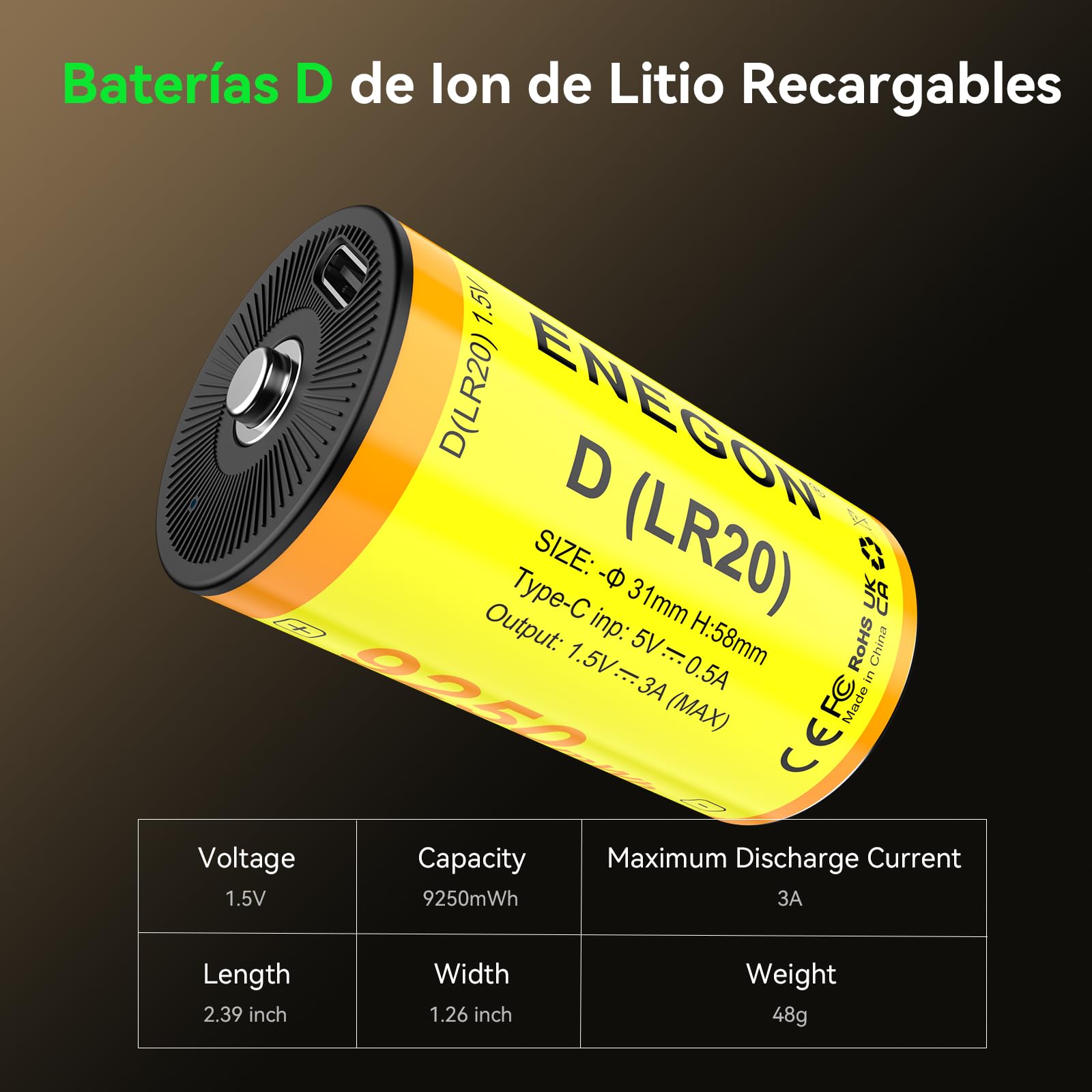ENEGON Pack de 2 Pilas D Recargables – 9250 mWh de Iones de Litio de 1,5 V LR20 con Cable USB-C (Carga 5V), para Coches de Juguete Teledirigidos, Luces de Camping, Luces LED Portátiles