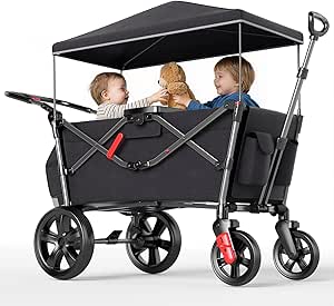 EVER ADVANCED Bollerwagen für 2 Kinder Faltbar mit Dach, Kinderwagen 2x5 Punkt Sicherheitsgurt mit Wickelrucksack, Bollerwagen mit Sitz, Handwagen Transportwagen, Ziehen & Schieben, Fußbremse