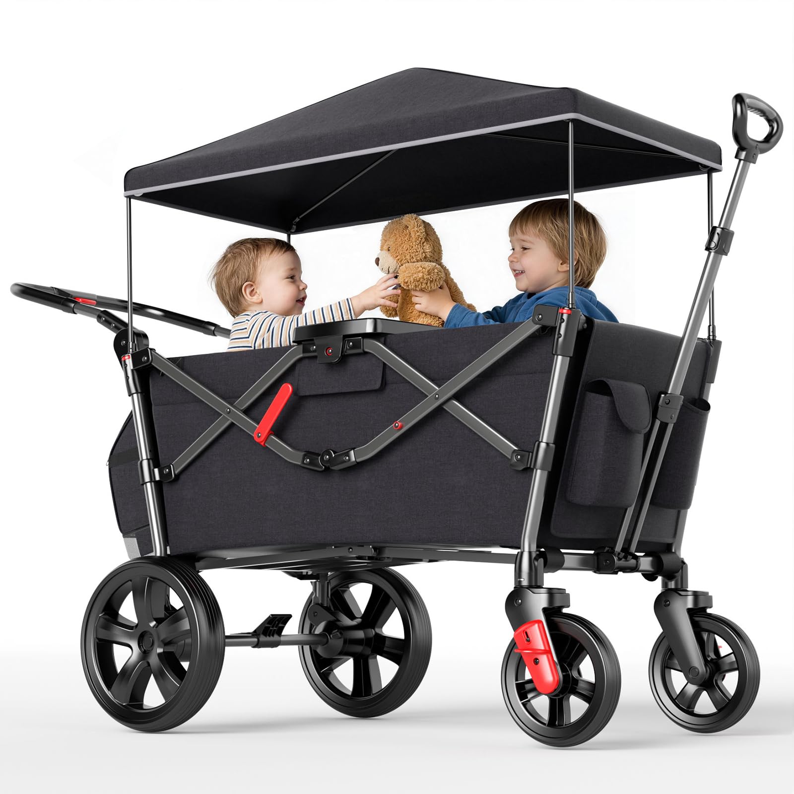 EVER ADVANCED Bollerwagen für 2 Kinder Faltbar mit Dach, Kinderwagen 2x5 Punkt Sicherheitsgurt mit Wickelrucksack, Bollerwagen mit Sitz, Handwagen Transportwagen, Ziehen & Schieben, Fußbremse