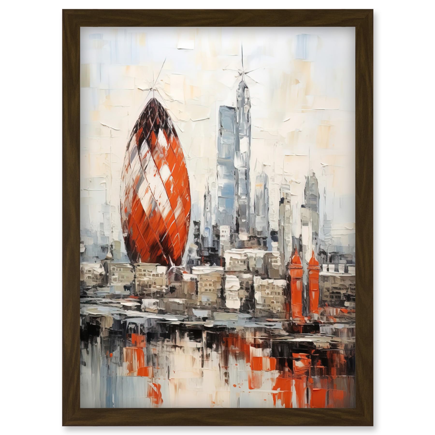 London Skyline Abstract Oil Painting Print - Red Gherkin Building - River Thames Artwork - Framed A4