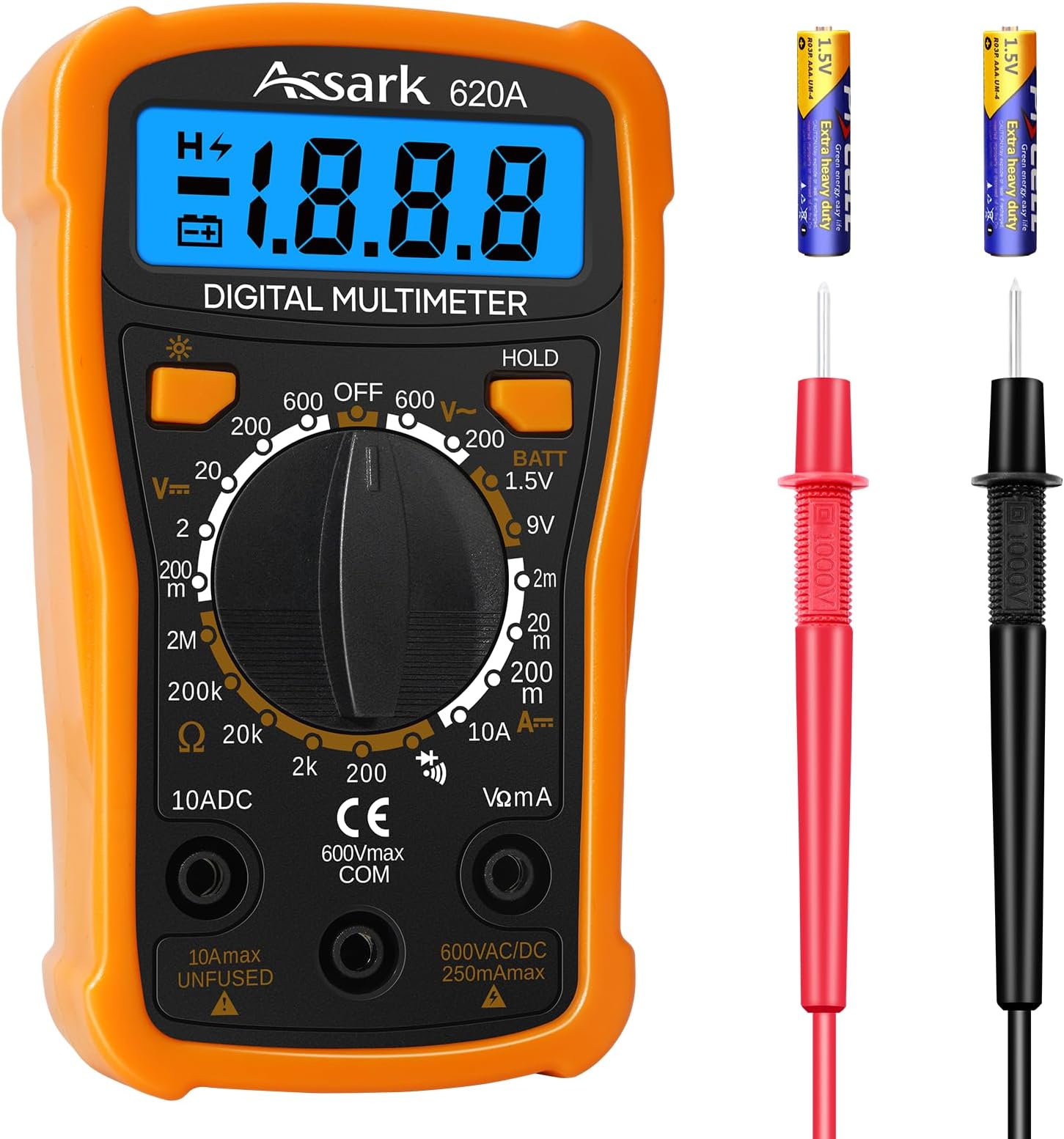 Digital Multimeter Voltage Tester, Assark 2000 Counts Multimeter Measure AC DC Voltage DC Current, Meter Tester Test Volt Ohm Amp Diode Continuity, Resistance, Backlit LCD Display, Data Hold Function