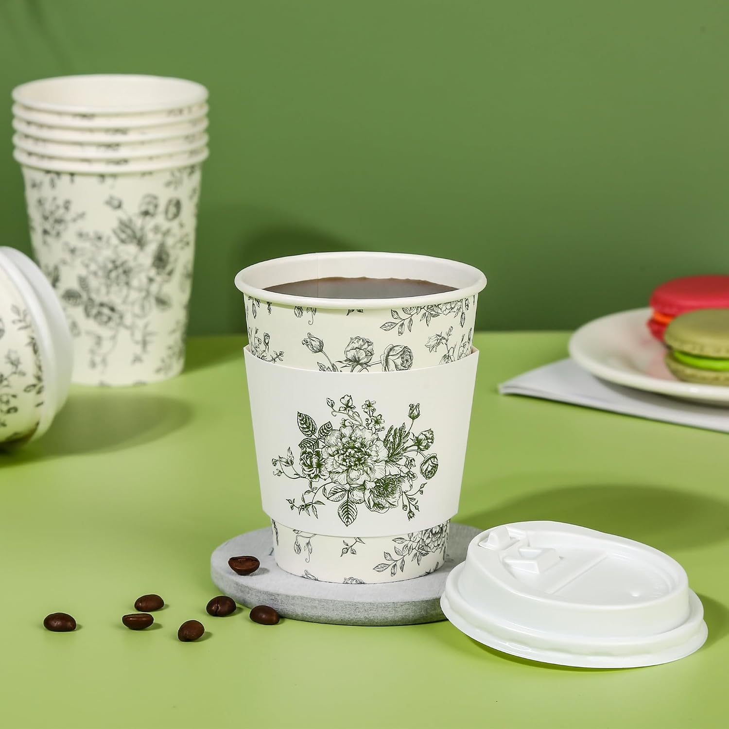 Sage Green Floral Disposable Coffee Cups with Lids and Sleeves 8oz image 5