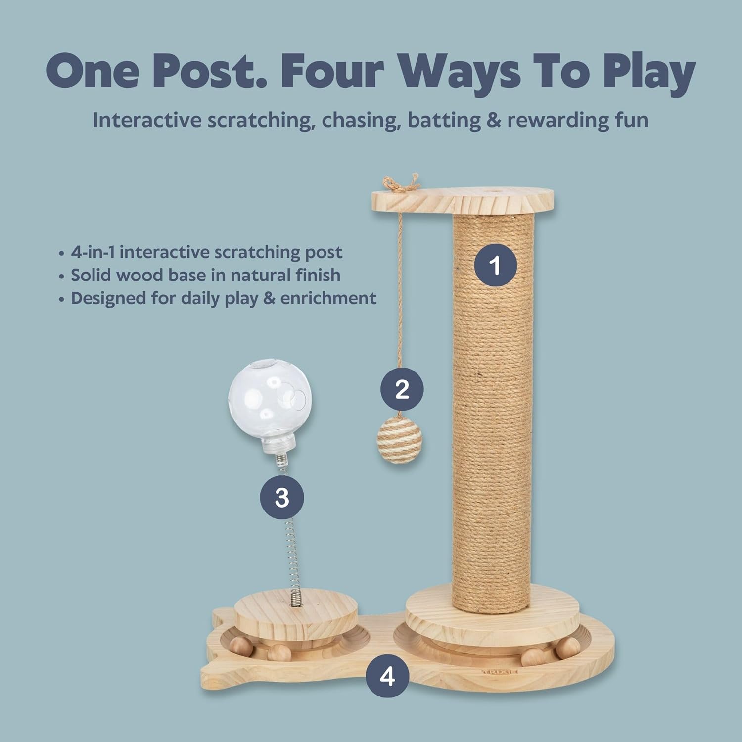 Trixie Oliver 18" Interactive Cat Scratching Post - 4-in-1 Indoor Small Cat Furniture with Jute Post, Treat Cup, Wooden Track & Hanging Ball