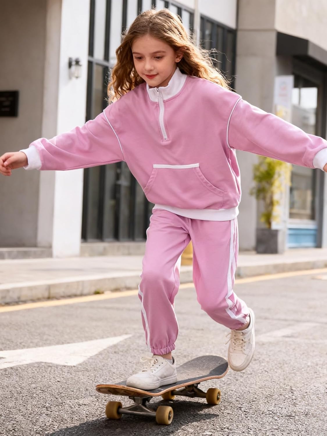 Girls 2 Piece Outfits Tracksuit Long Sleeve Half Zip Sweatshirt and Sweatpants Set with Pockets - Image 3
