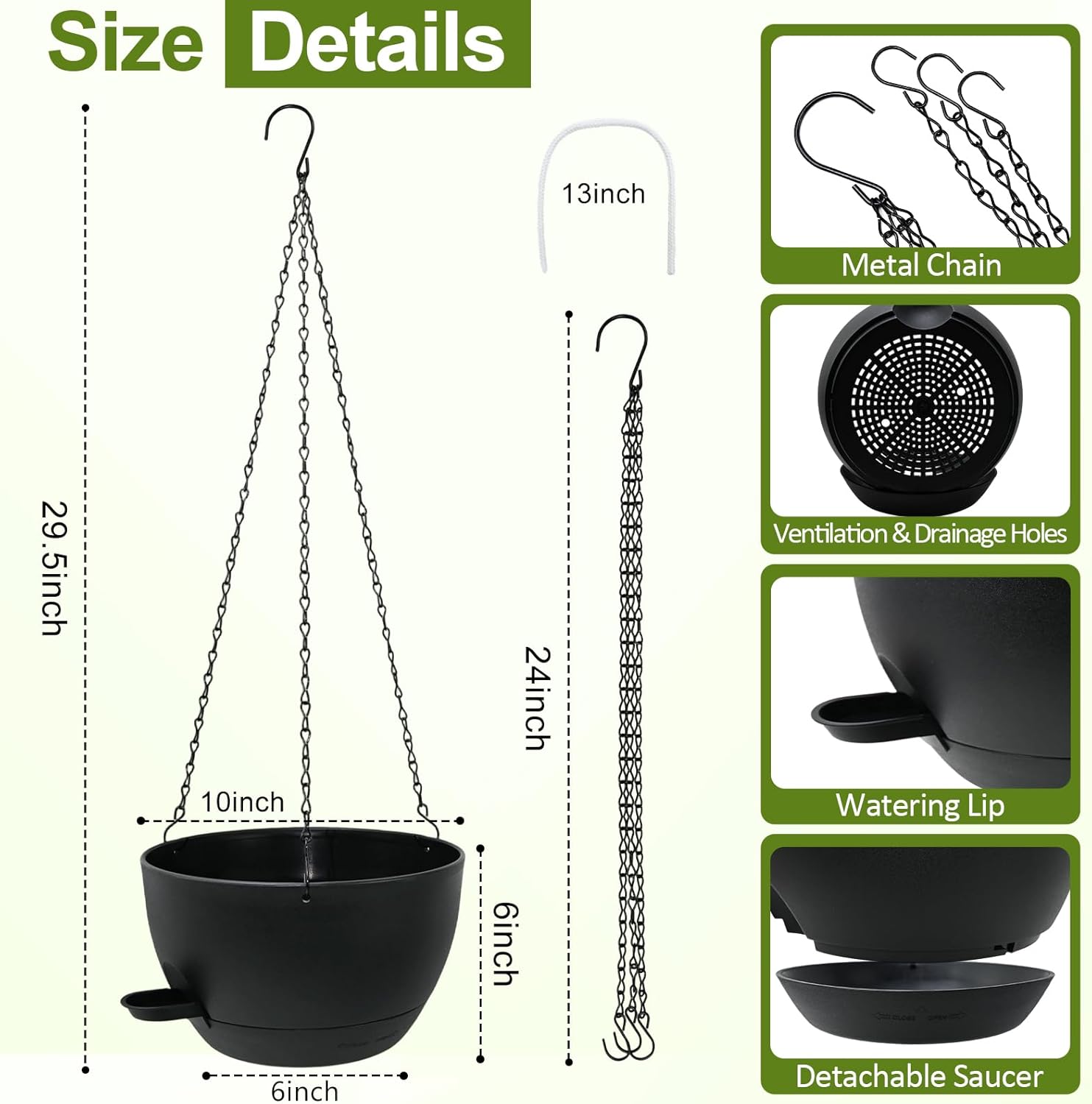 WOUSIWER Self Watering Hanging Planters, 2 Pack 10'' Plastic Pots with Drainage Holes & Reservoir Tray (Black) | Indoor & Outdoor Use for Ferns, Ivy, Herbs, Succulents