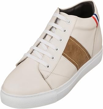 CALTO Mens Invisible Height Increasing Elevator Shoes - Beige White Leather Lace-up Sneakers - 2.8 Inches Taller - K53101 - Size 7 DM US