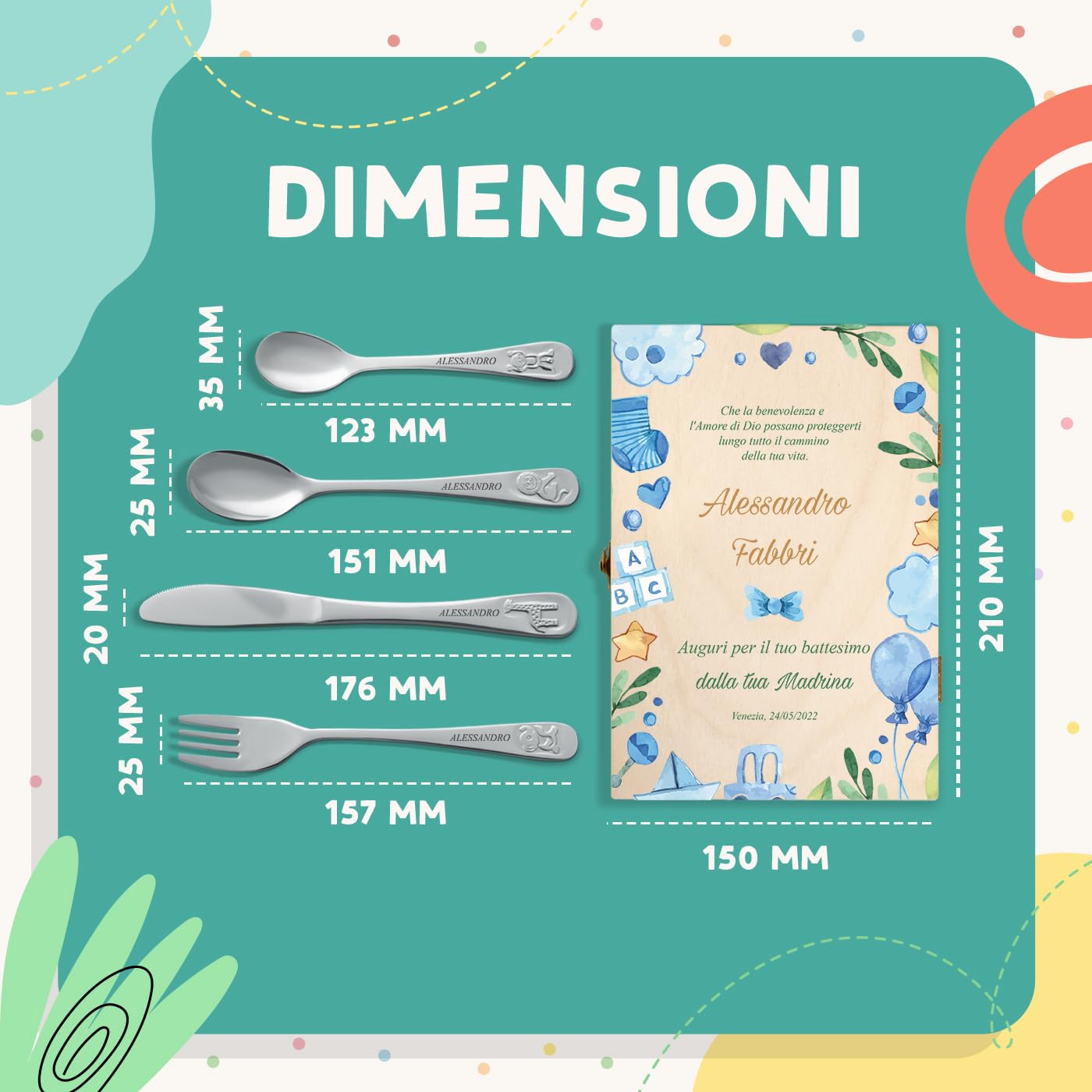 Set Posate Bambini Personalizzate Maverton - 4 Pezzi In Acciaio Con Incisione Animali E Scatola Legno