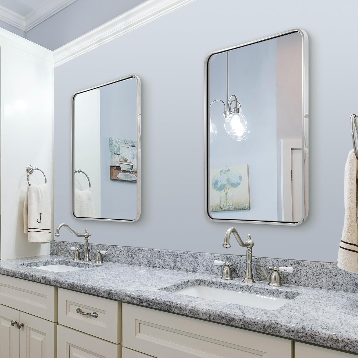 ANDY STAR 28x36 INCH Chrome Bathroom Mirrors, Polished Chrome Bathroom Mirror, Rounded Rectangle Mirror, Anti-Rust SUS304, Tube Metal Frame, 1’’ Deep Wall Mounted Vertically/Horizontal for Bathroom