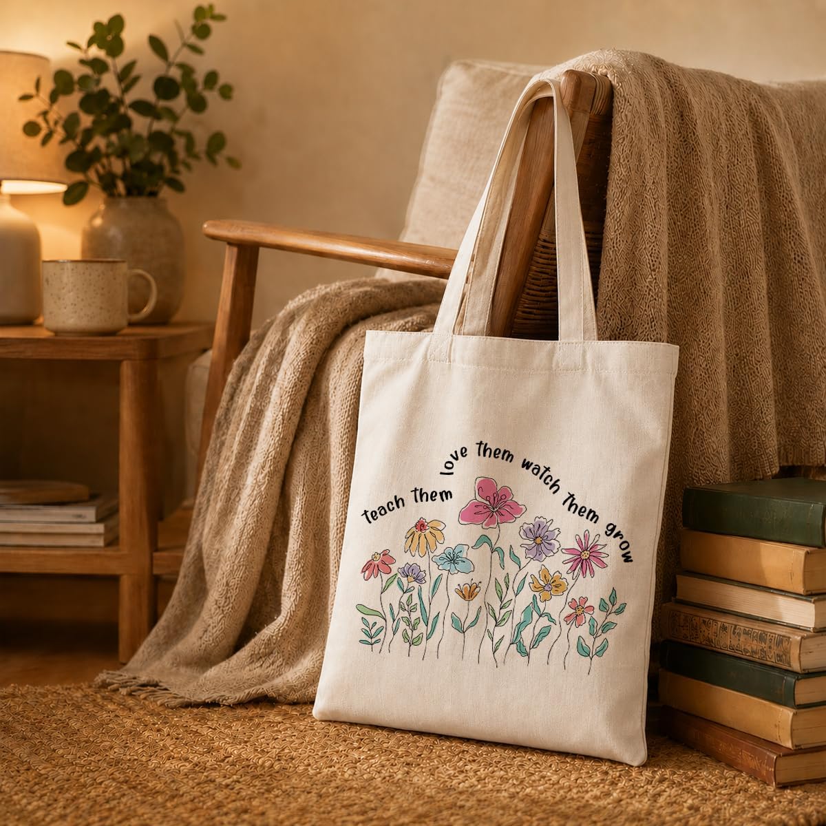 Aesthetic Flower Tote Bags, Teach Them Love Them Watch Grow, Weekend Bag, Beach Travel Bags, Teacher Thank You Gift, Useful Canvas Tote Bag, Meaningful Gifts to Teachers Parents image 3