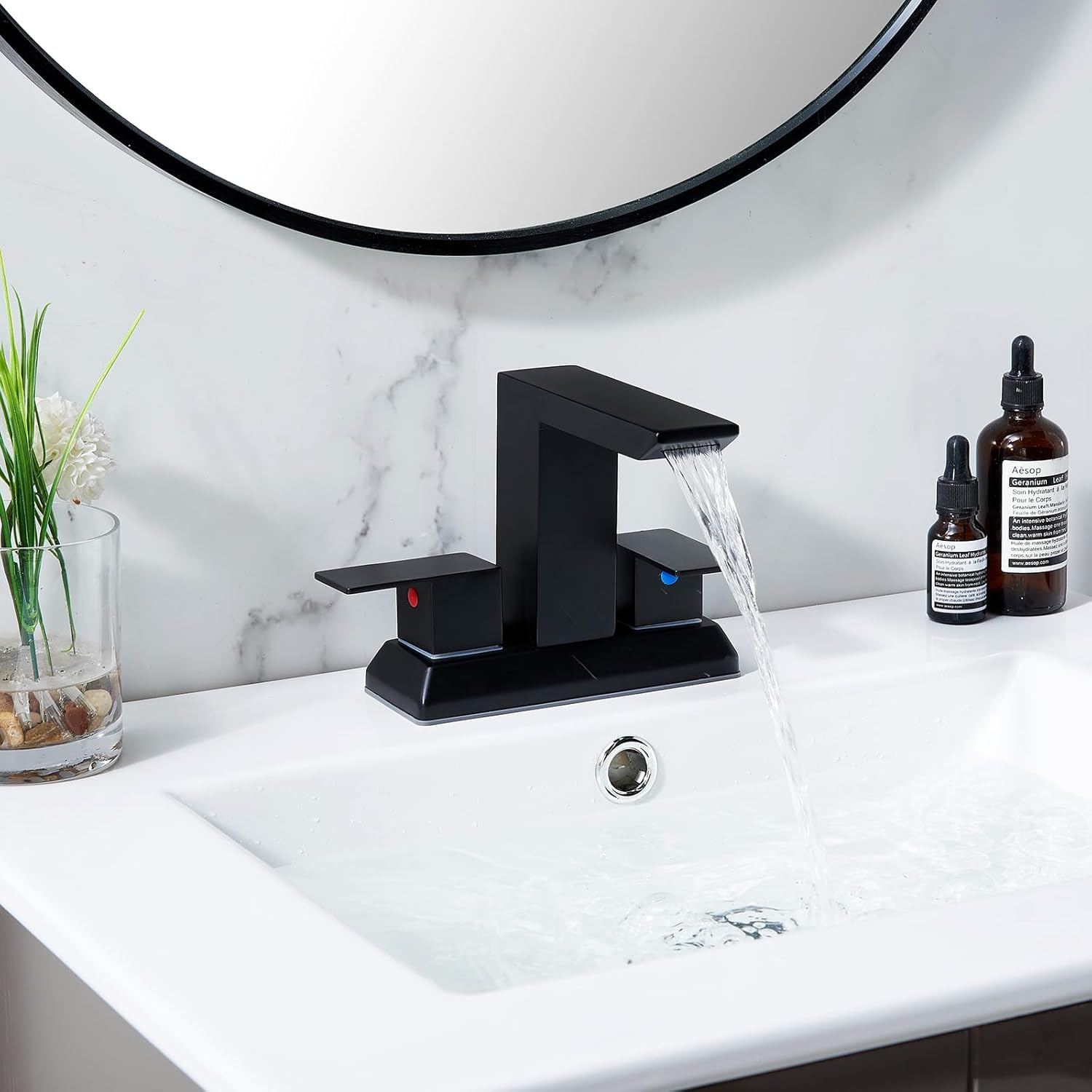 SHACO Black 4 Inch Centerset Bathroom Faucets 3 Hole or 2 Hole, Matte Black 2 Handle Waterfall Vanity Faucet, Lavatory Mixer Tap RV Sink Faucet with Overflow Pop Up Drain and Hose, SC-ZT907B-NEW1 - Image 7