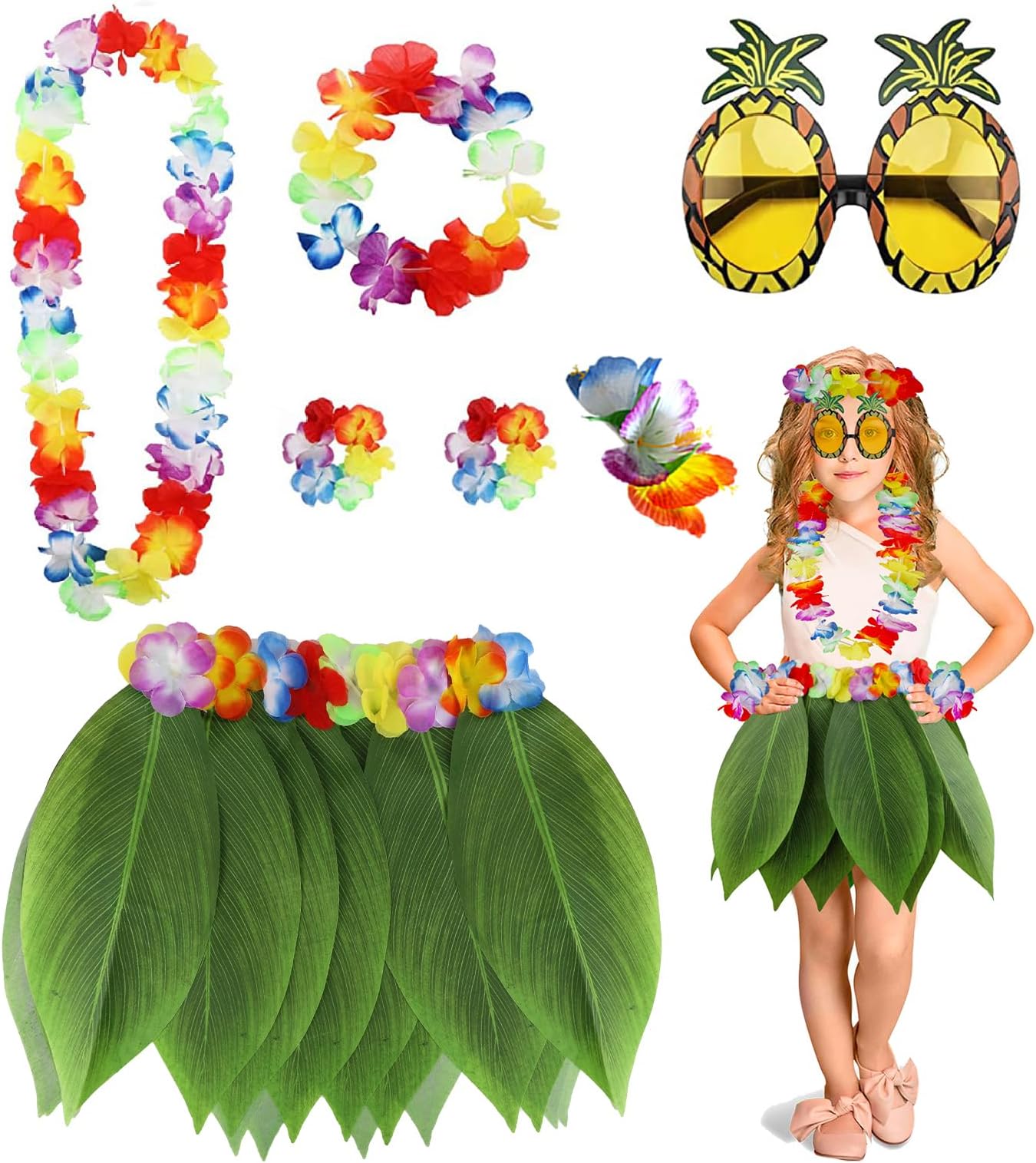 7 Pack Hawaiian Flower Leaf Hula Skirt Costume Accessory Kit for Hawaii Luau Party