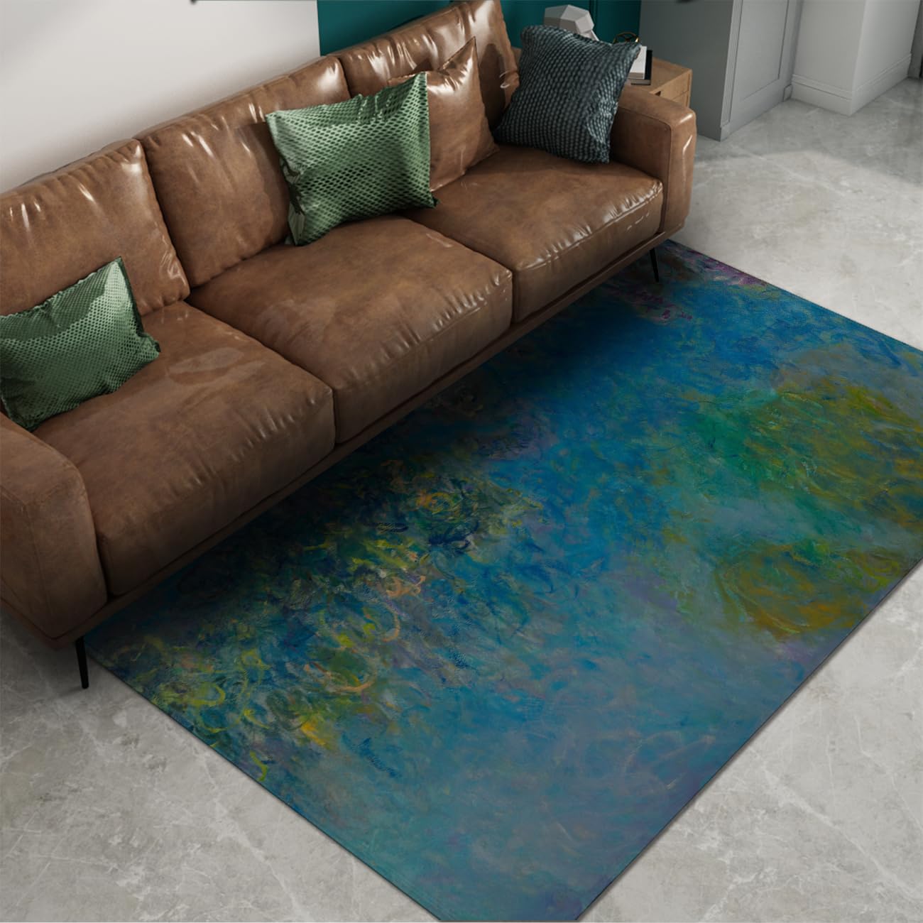 Bereichsteppiche Wohnzimmer Schlafzimmerteppiche Waschbar groß rutschfest Akzent Esszimmer weich Tiefflor Innen Classic Art Wasserrosen für Kinderzimmer Homeoffice Blau 80x150cm