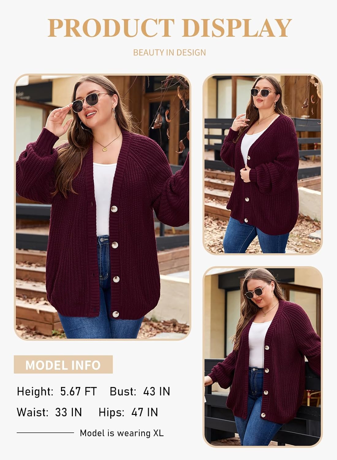 Eytino Womens Plus Size Cardigan Sweater Long Sleeve Button Down Chunky Knit Open Front Cardigans Outwear(1X-5X) - Image 3